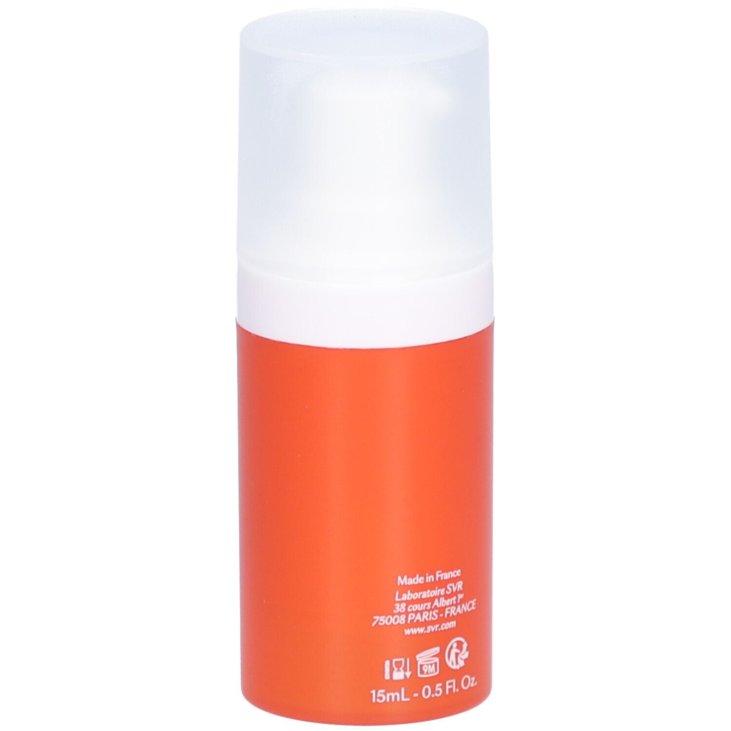 Oranje fles met witte dop. Opschrift: [C] EYE BIOTIC, SVR. Oogverzorging.
