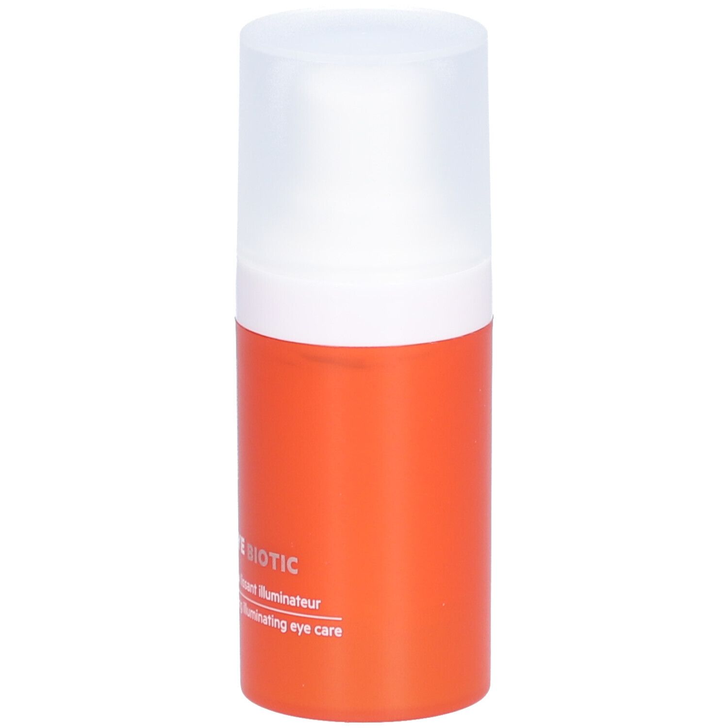 Oranje fles met witte dop. Opschrift: [C] EYE BIOTIC, SVR. Oogverzorging.