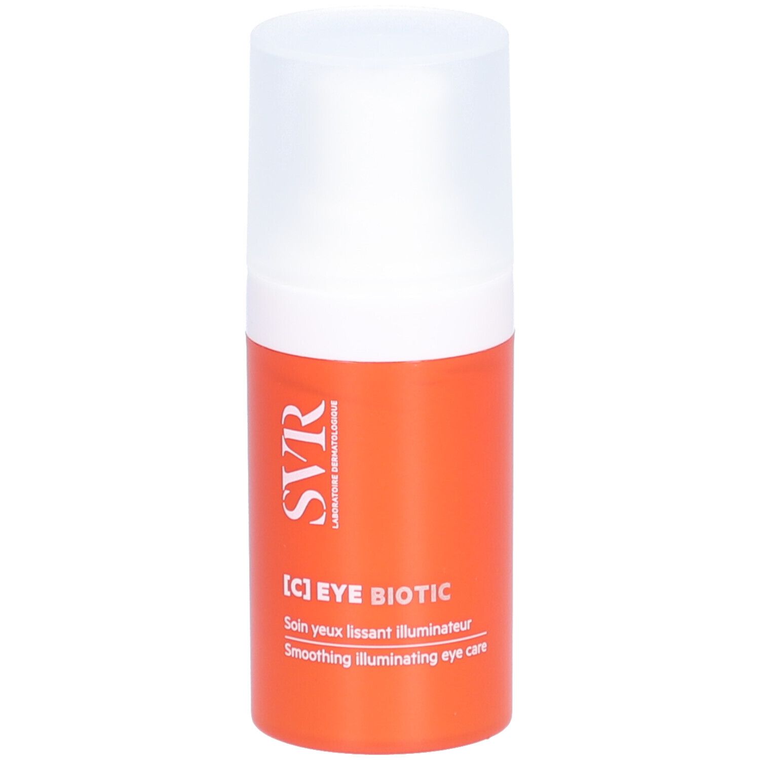 Oranje fles met witte dop. Opschrift: [C] EYE BIOTIC, SVR. Oogverzorging.