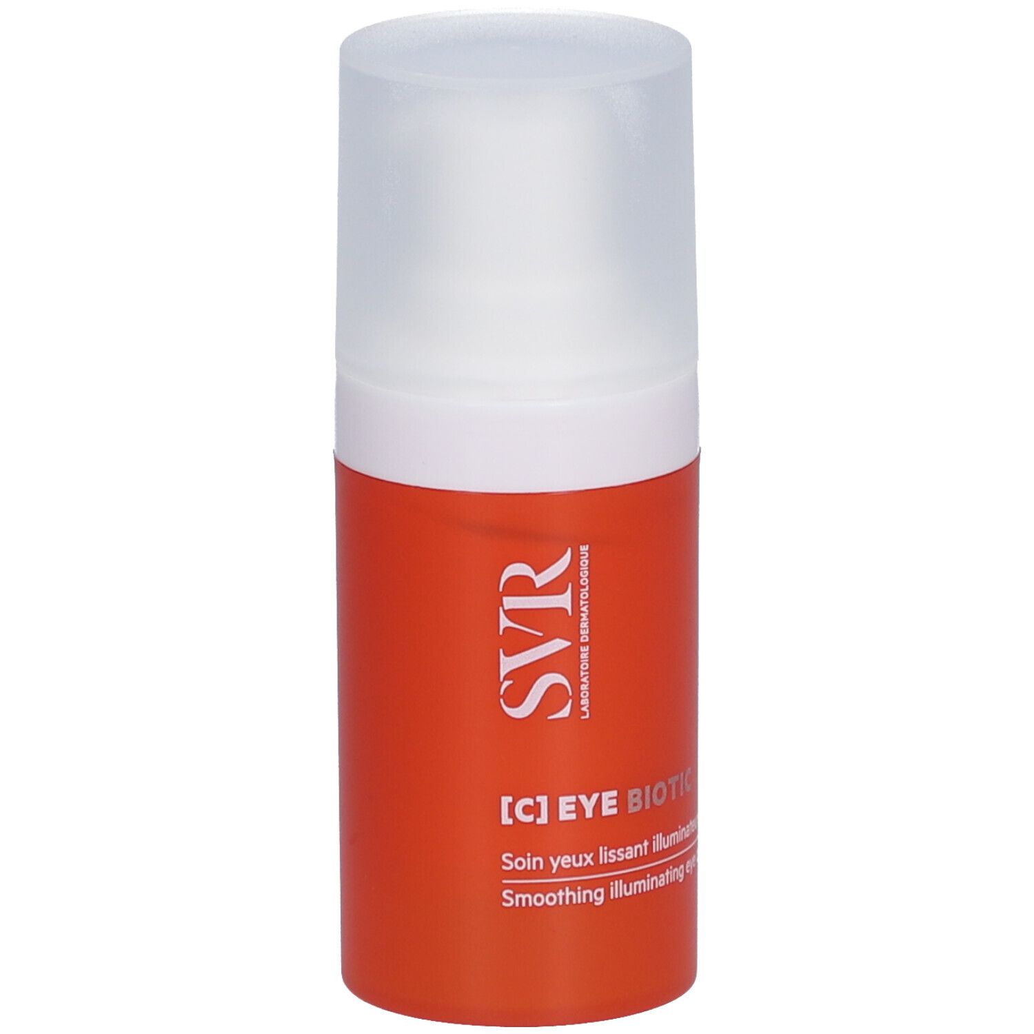Oranje fles met witte dop. Opschrift: [C] EYE BIOTIC, SVR. Oogverzorging.