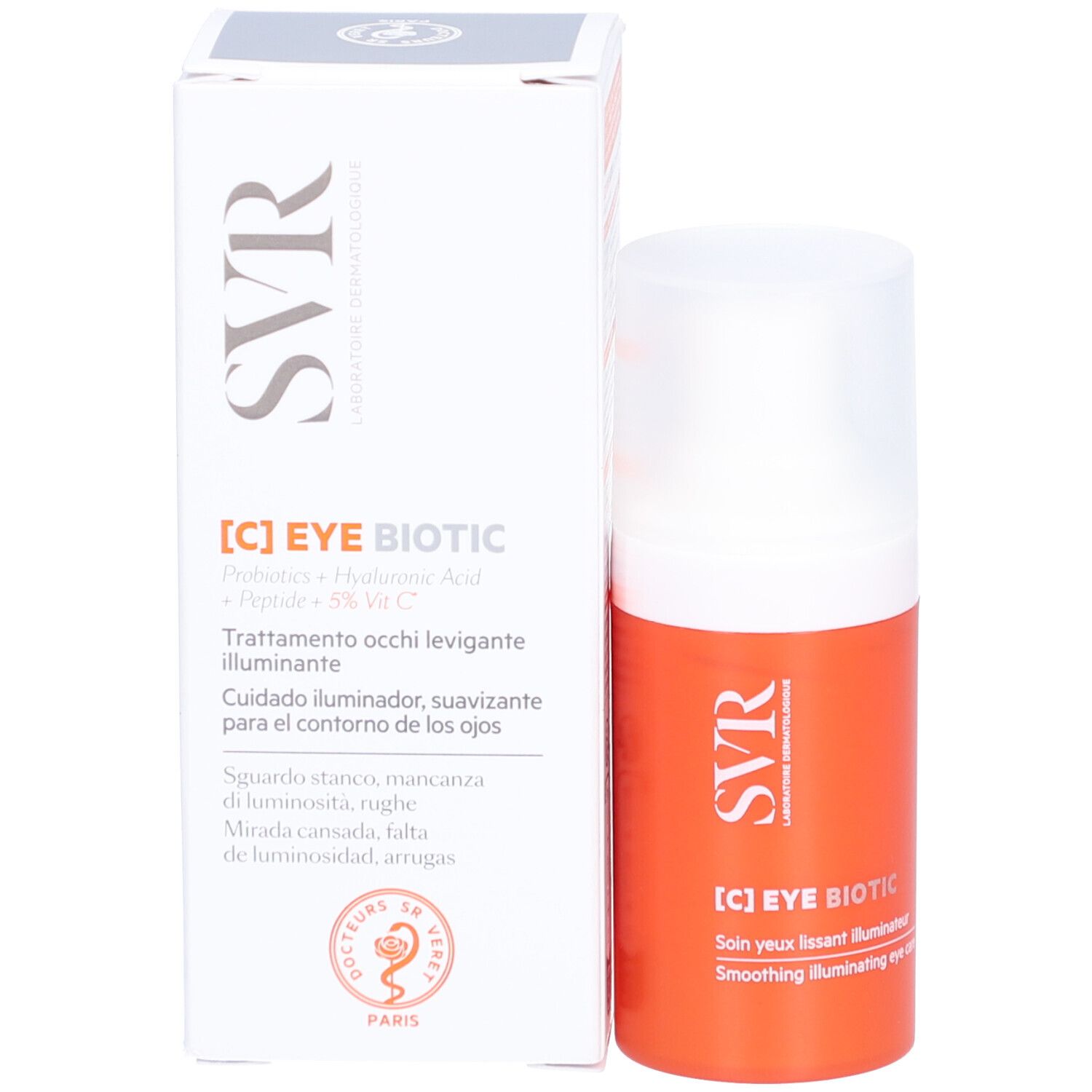 Productverpakking met fles en doos. Opschrift: [C] EYE BIOTIC, SVR. Oogverzorging.