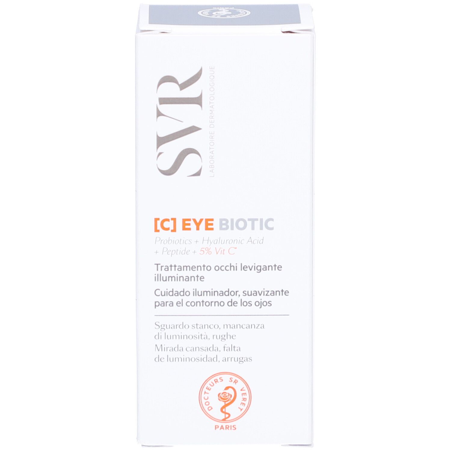 Productverpakking, doos. Opschrift: [C] EYE BIOTIC, SVR. Oogverzorging.