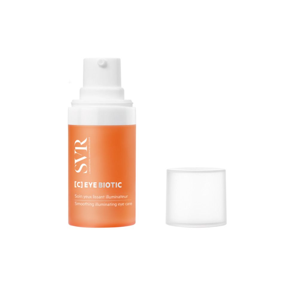 Oranje fles, witte dop verwijderd. Opschrift: [C] EYE BIOTIC, SVR. Oogverzorging.