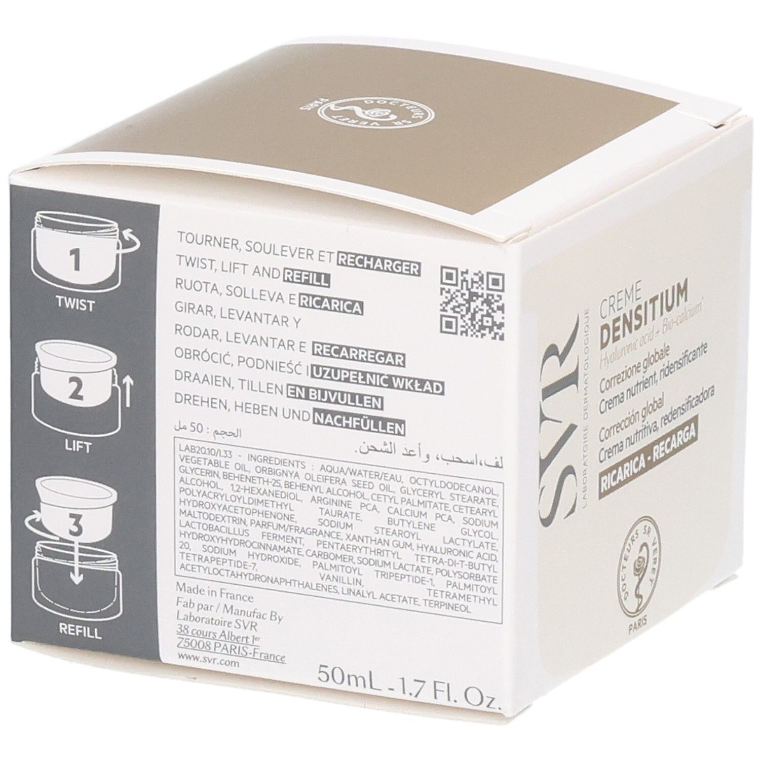 Rückseite der Produktverpackung. Enthält Informationen zu Inhaltsstoffen und Anwendung. Marke SVR.