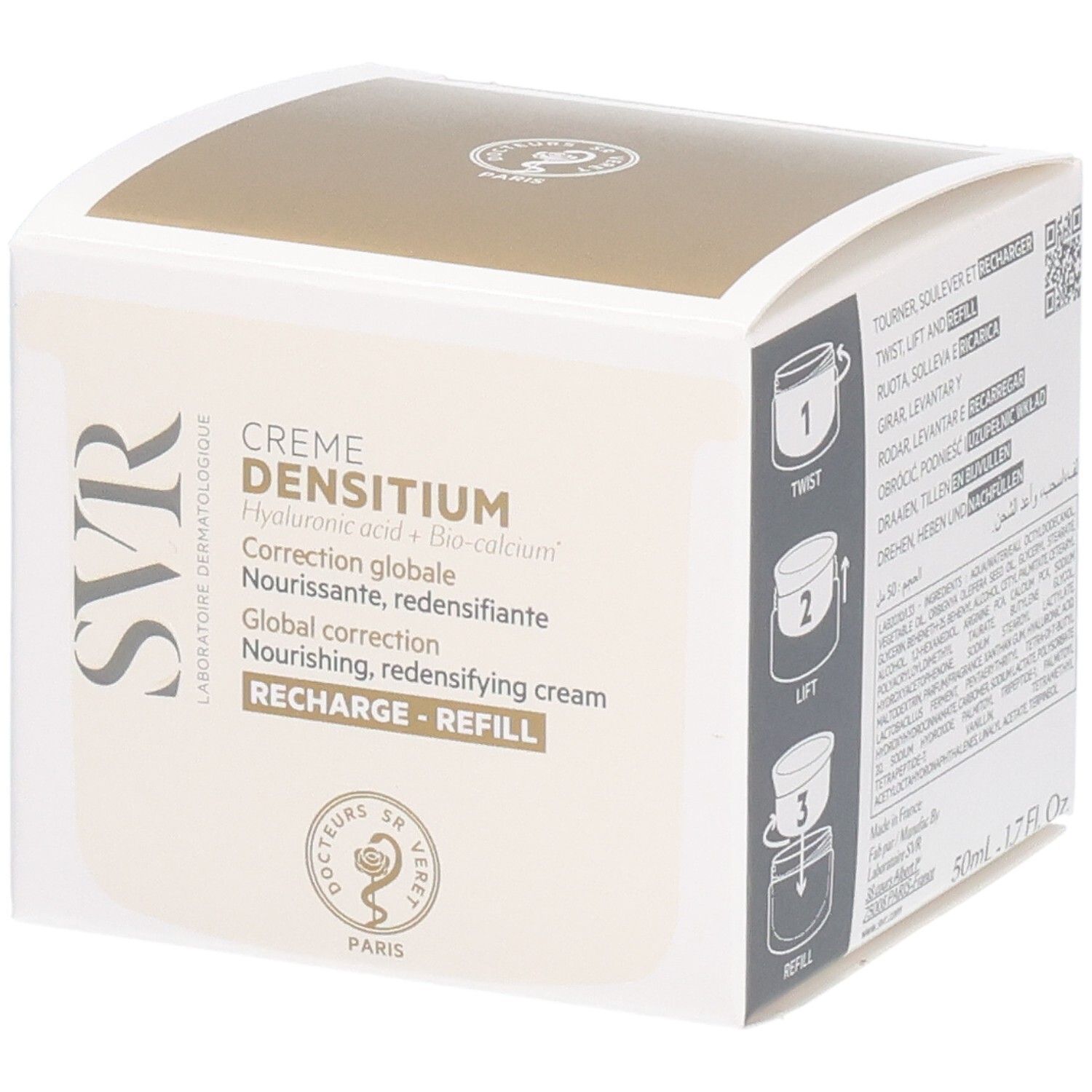 Produktverpackung mit Informationen. Aufschrift: Crème Densitium, globale Korrektur. Marke SVR.