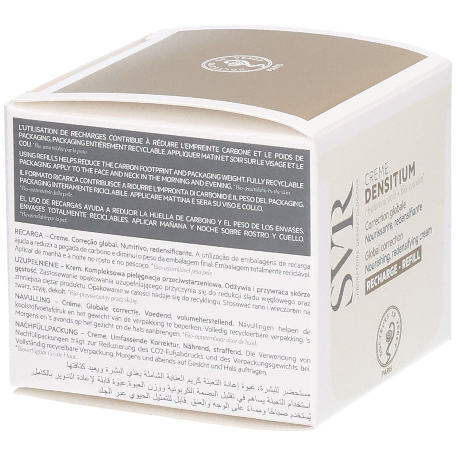 Produktverpackung mit Text. Enthält Informationen zur Verwendung und Recycling. Marke SVR.
