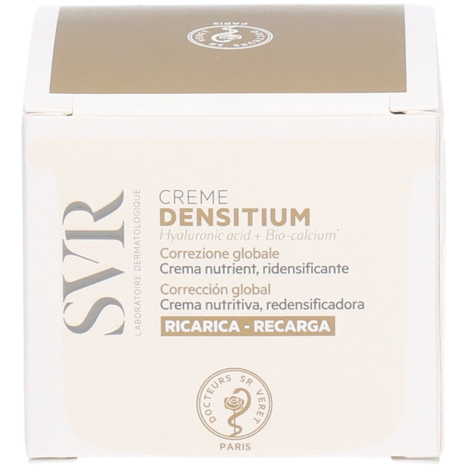 Produktverpackung. Aufschrift: Crème Densitium, Hyaluronsäure + Bio-Calcium. Marke SVR.