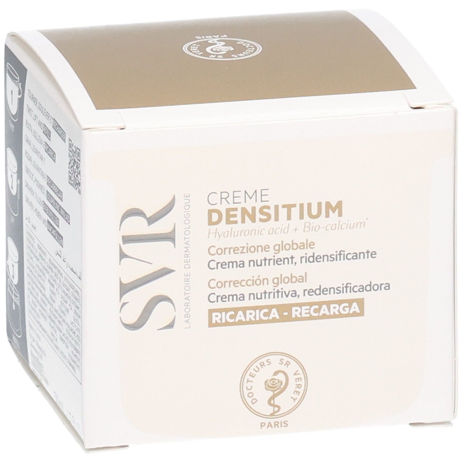 Produktverpackung. Aufschrift: Crème Densitium, Hyaluronsäure + Bio-Calcium. Marke SVR.
