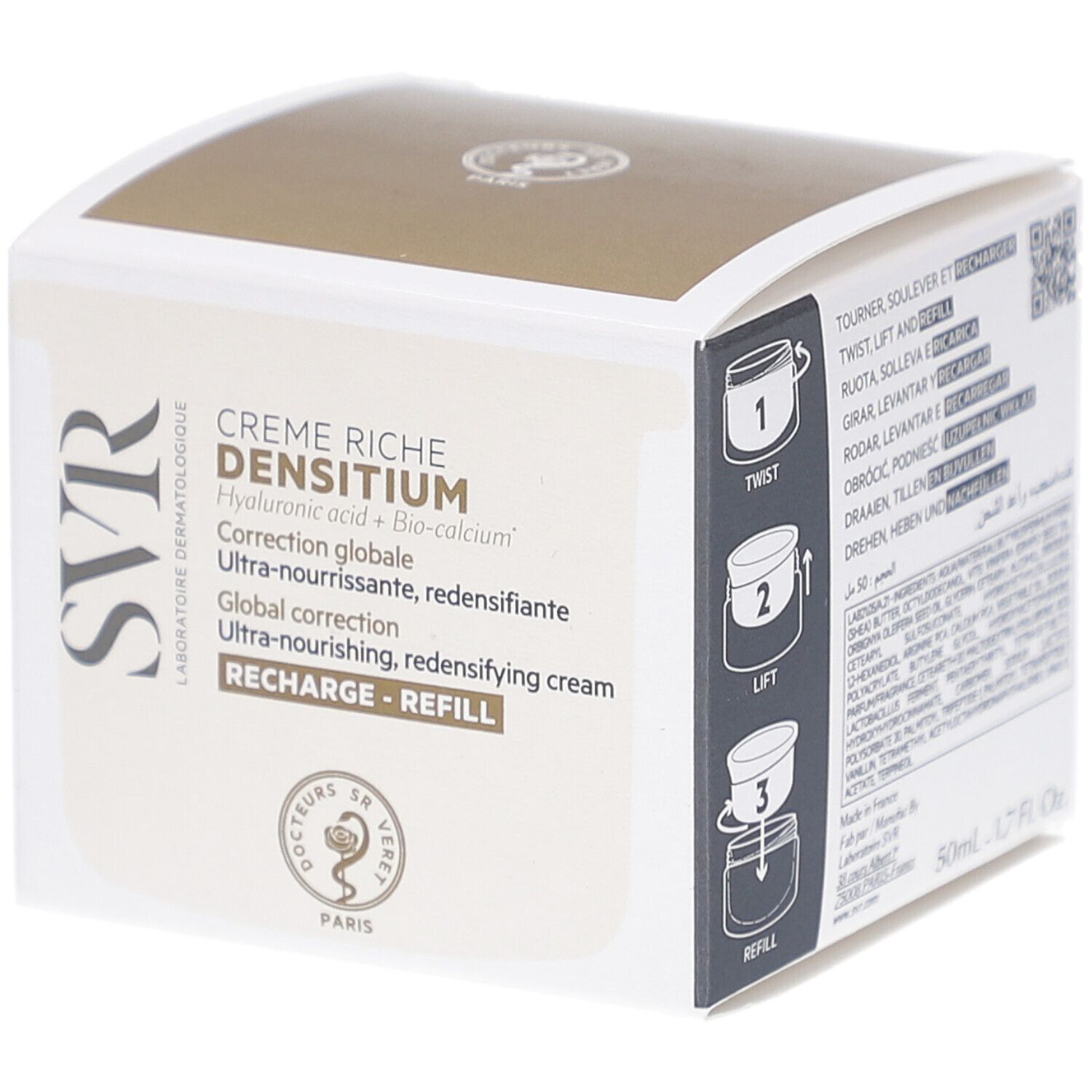 Kartonverpackung mit Produktnamen und Anweisungen. Marke SVR. Creme Riche Densitium. Ultra-nährende, redensifizierende Creme.