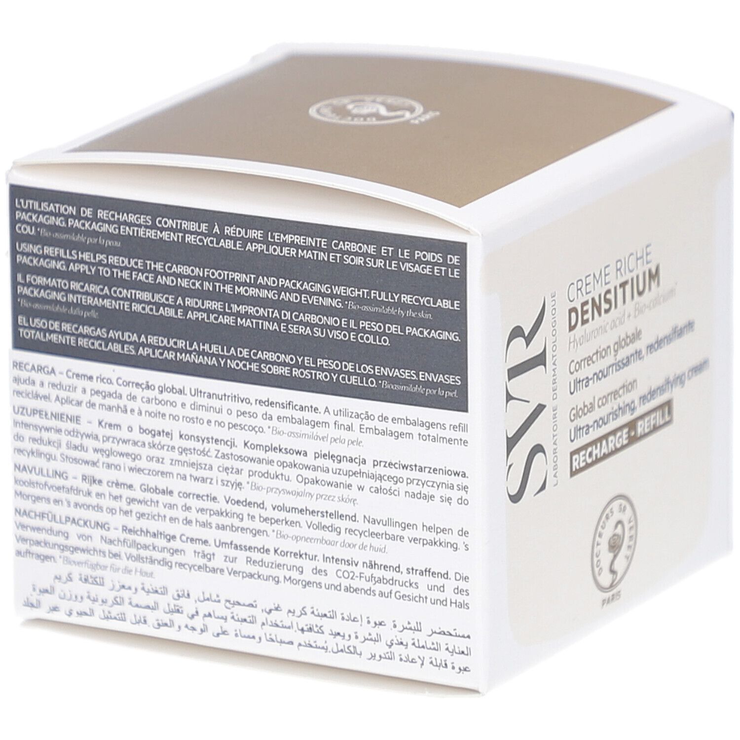 Kartonverpackung mit Text. Marke SVR. Creme Riche Densitium. Ultra-nährende, redensifizierende Creme. Informationen zur Wiederbefüllung.