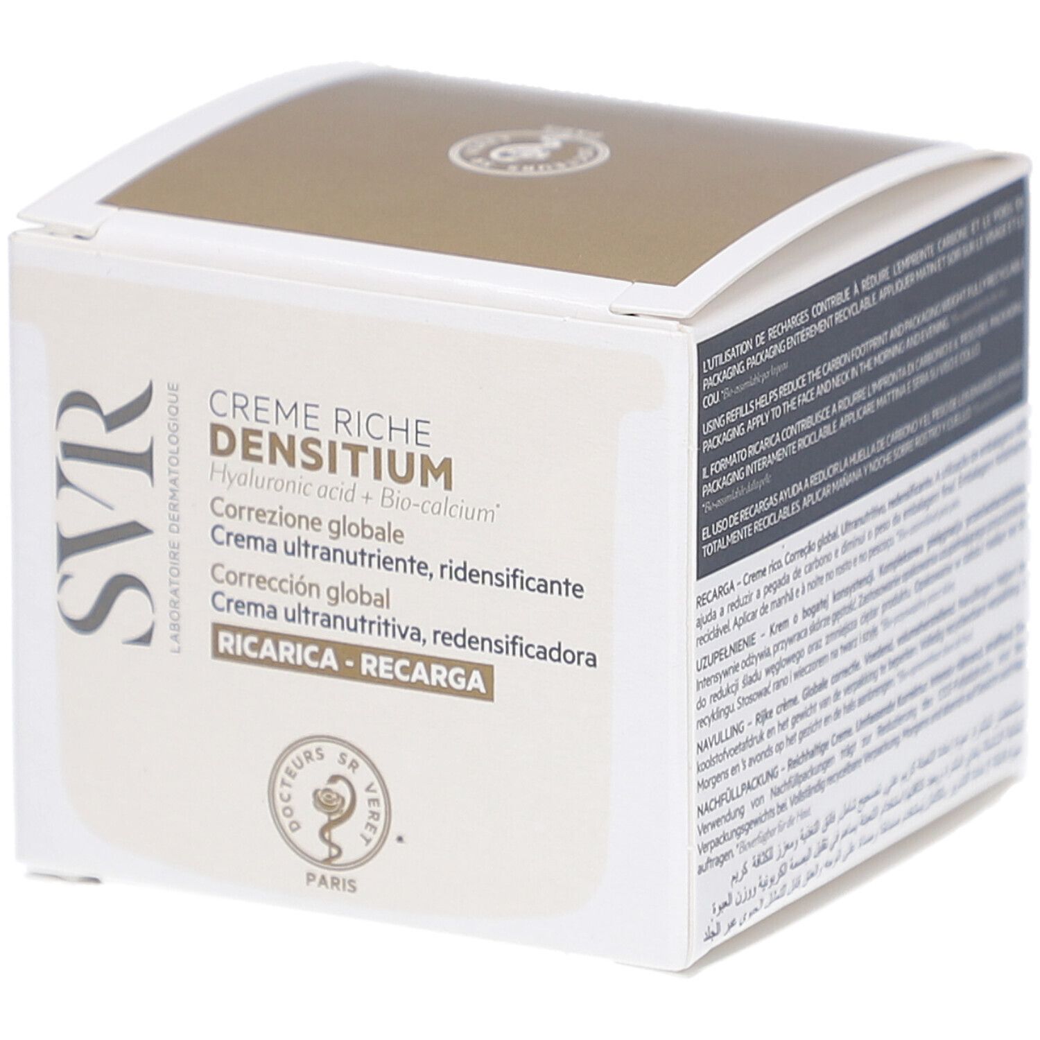 Kartonverpackung mit Produktnamen. Marke SVR. Creme Riche Densitium. Ultra-nährende, redensifizierende Creme. Nachfüllpackung.
