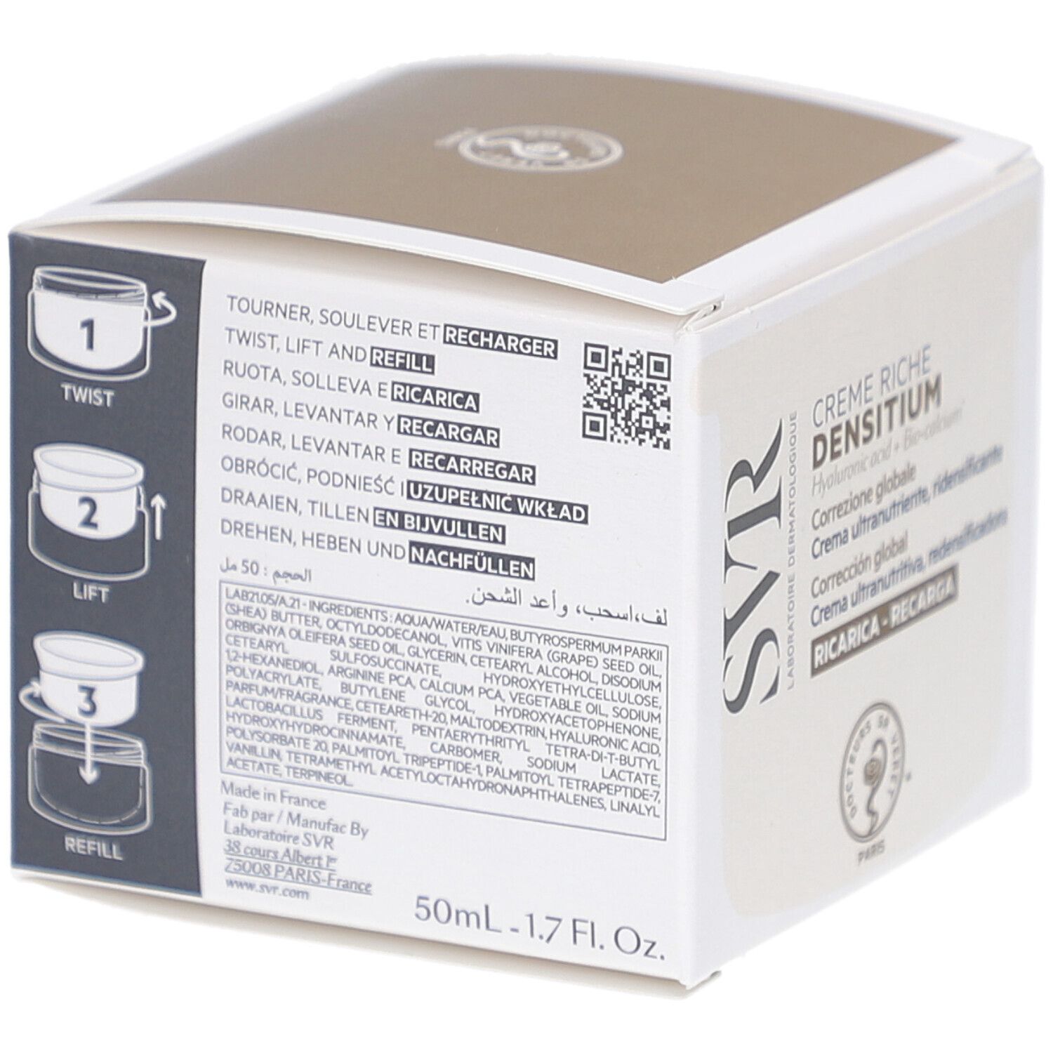 Kartonverpackung mit Produktnamen und Inhaltsstoffen. Marke SVR. Creme Riche Densitium. Ultra-nährende, redensifizierende Creme. 50ml.