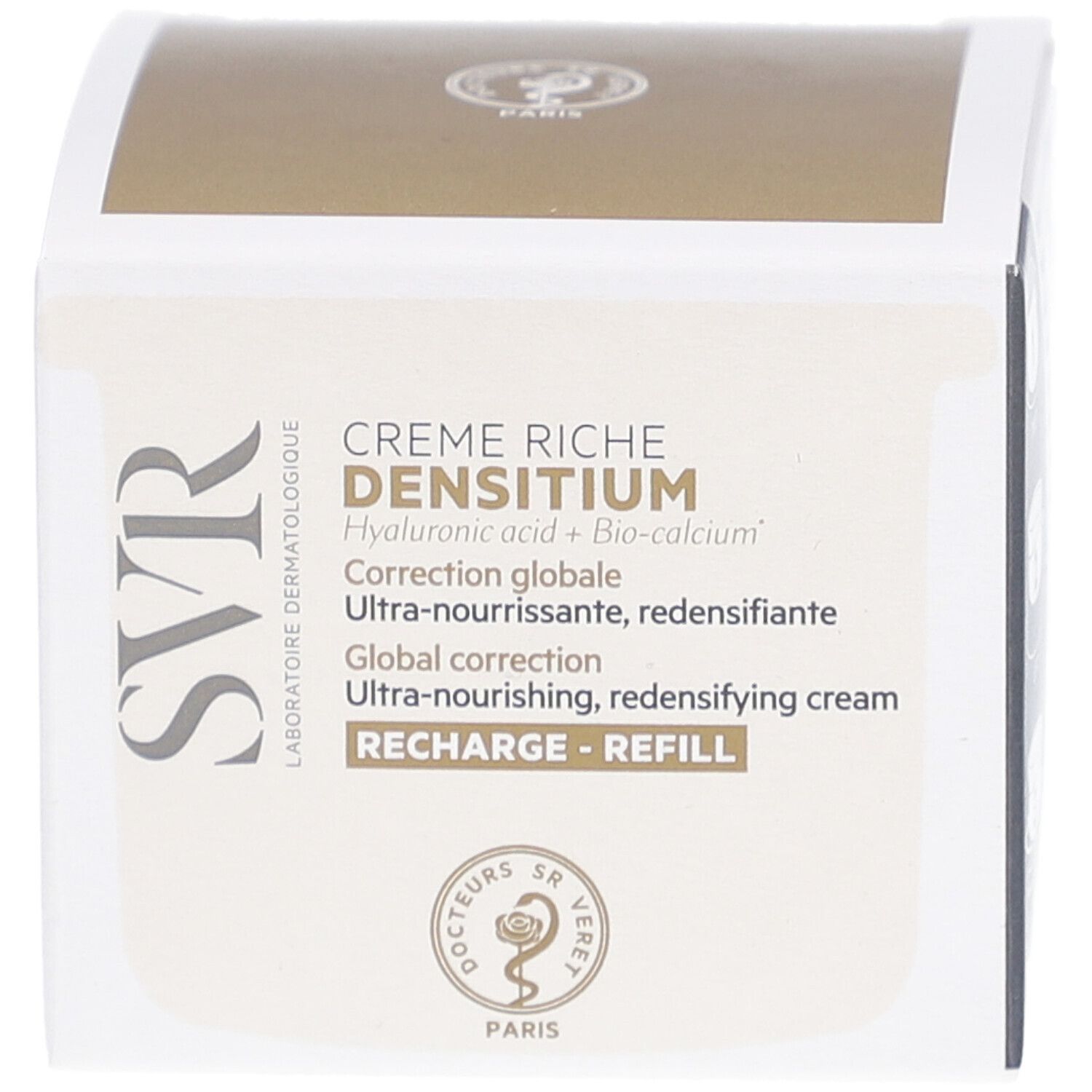 Kartonverpackung mit Produktnamen. Marke SVR. Creme Riche Densitium. Ultra-nährende, redensifizierende Creme. Nachfüllpackung.