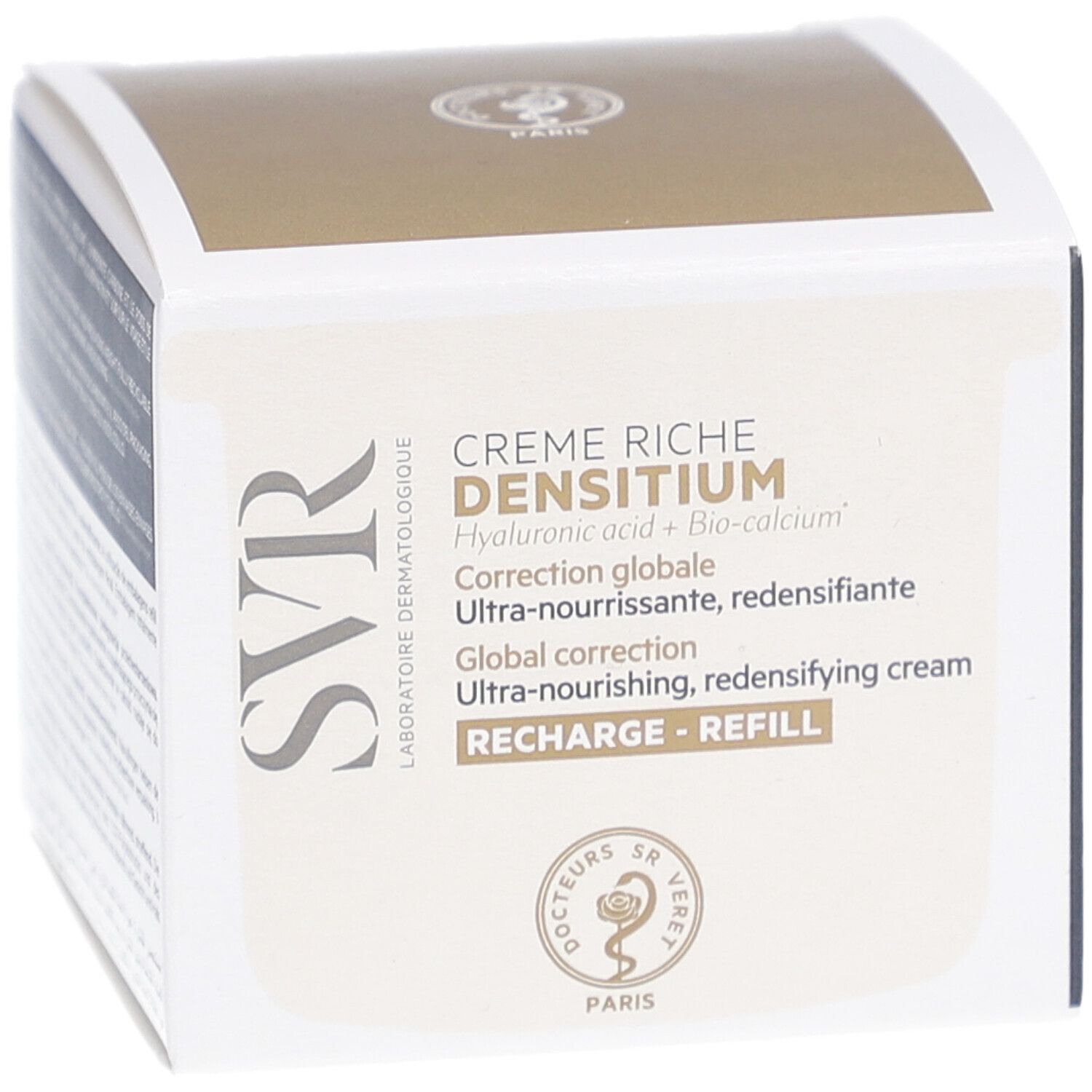Kartonverpackung mit Produktnamen. Marke SVR. Creme Riche Densitium. Ultra-nährende, redensifizierende Creme. Nachfüllpackung.