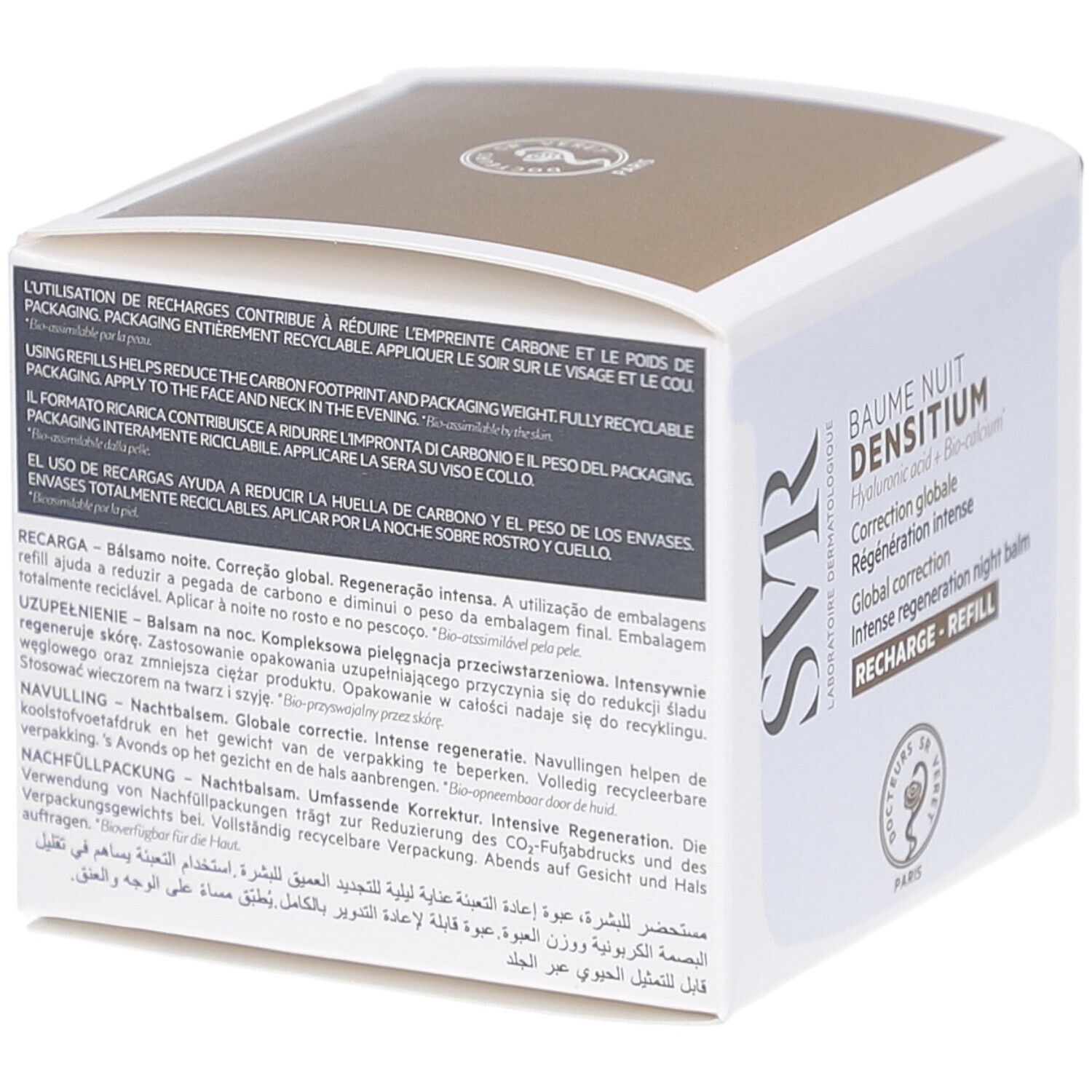 Rückseite der Kartonverpackung mit Text. Text: Verwendung von Nachfüllpackungen trägt zur Reduzierung der Umweltbelastung bei.