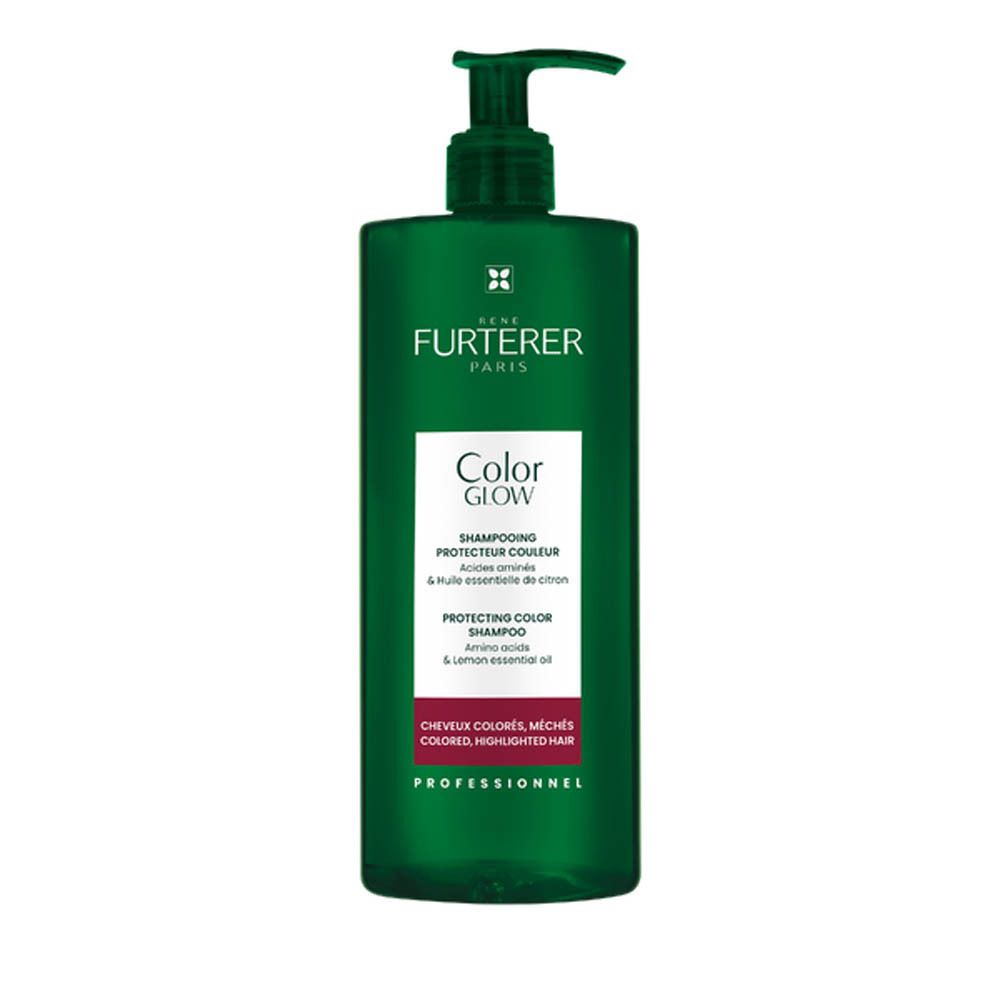 Grand flacon vert foncé avec pompe. Inscription: René Furterer, Color Glow, Shampooing Protecteur Couleur. Pour cheveux colorés.