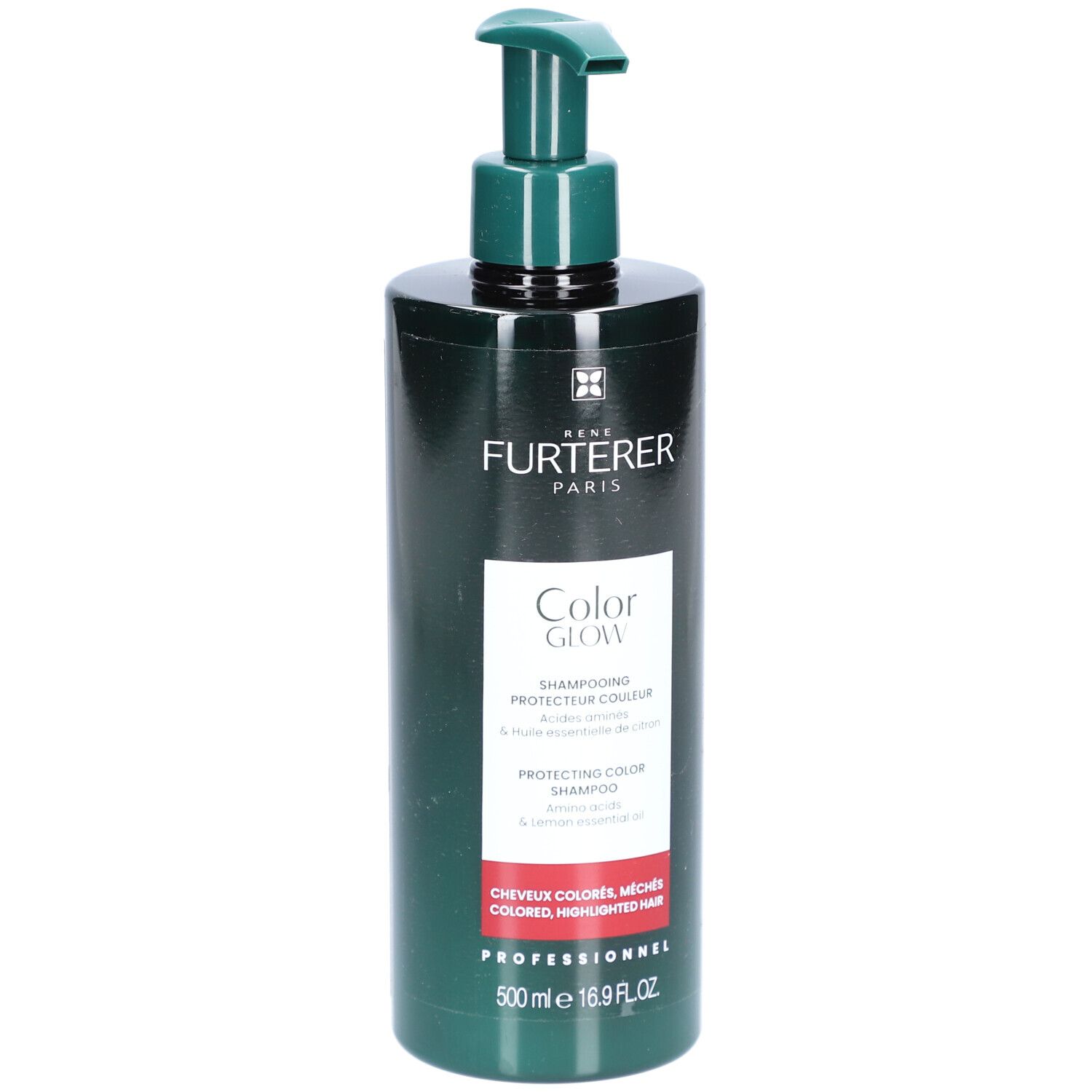 Flacon vert foncé avec pompe. Inscription: René Furterer, Color Glow, Shampooing Protecteur Couleur. Pour cheveux colorés.