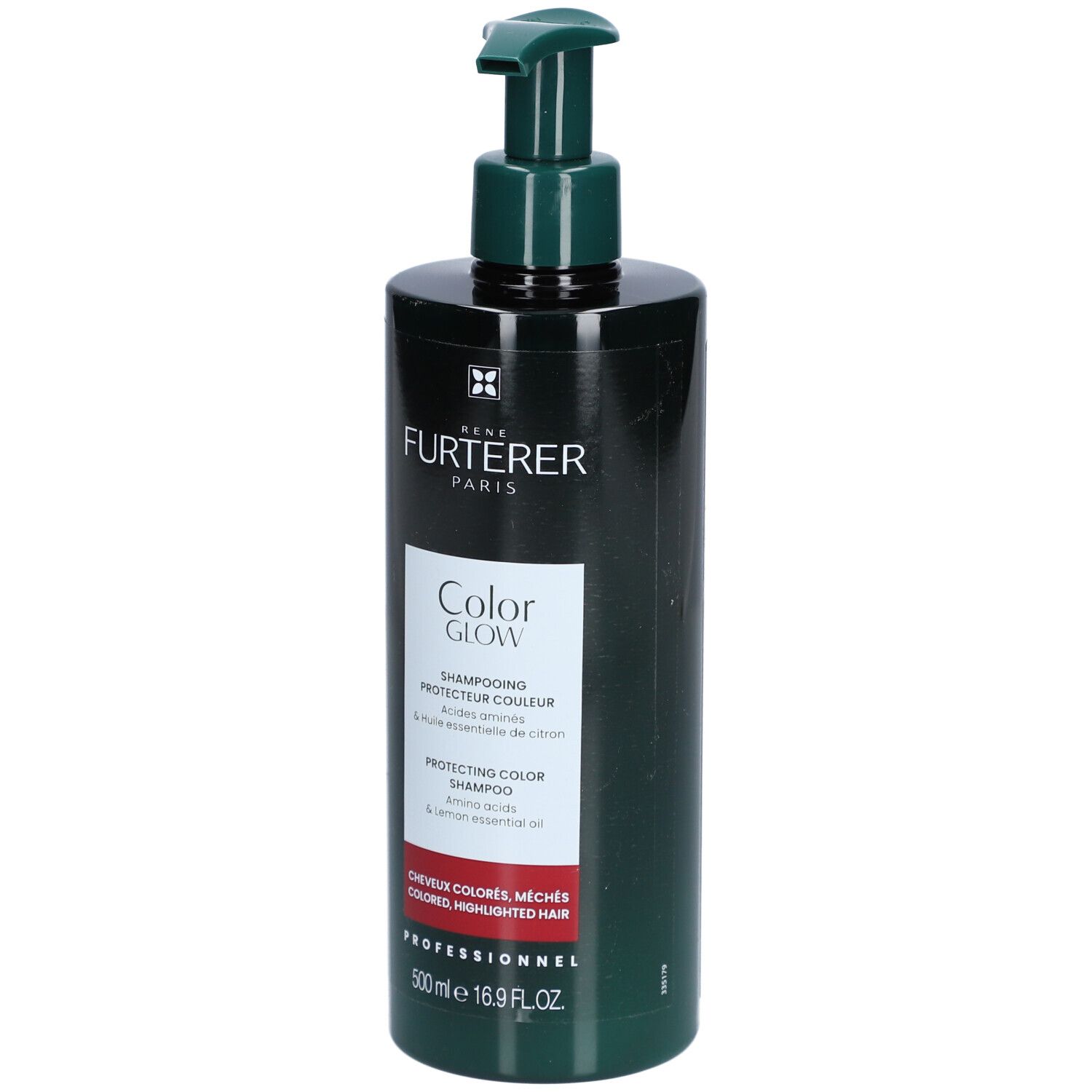 Flacon vert foncé avec pompe. Inscription: René Furterer, Color Glow, Shampooing Protecteur Couleur. Pour cheveux colorés.