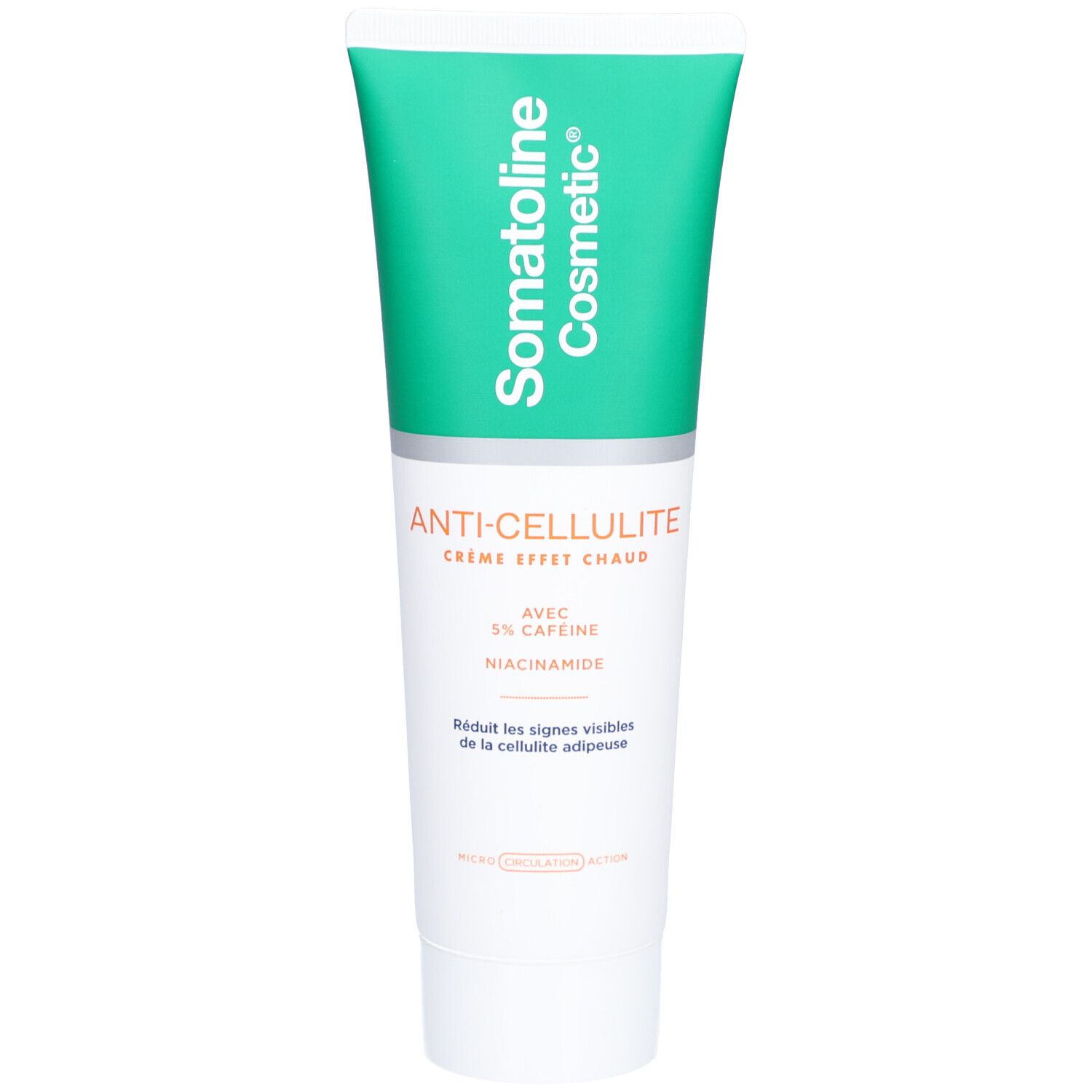 Creme-Tube mit grünem Deckel. Aufschrift: Somatoline Cosmetic, Anti-Cellulite Crème, mit 5% Koffein und Niacinamid.
