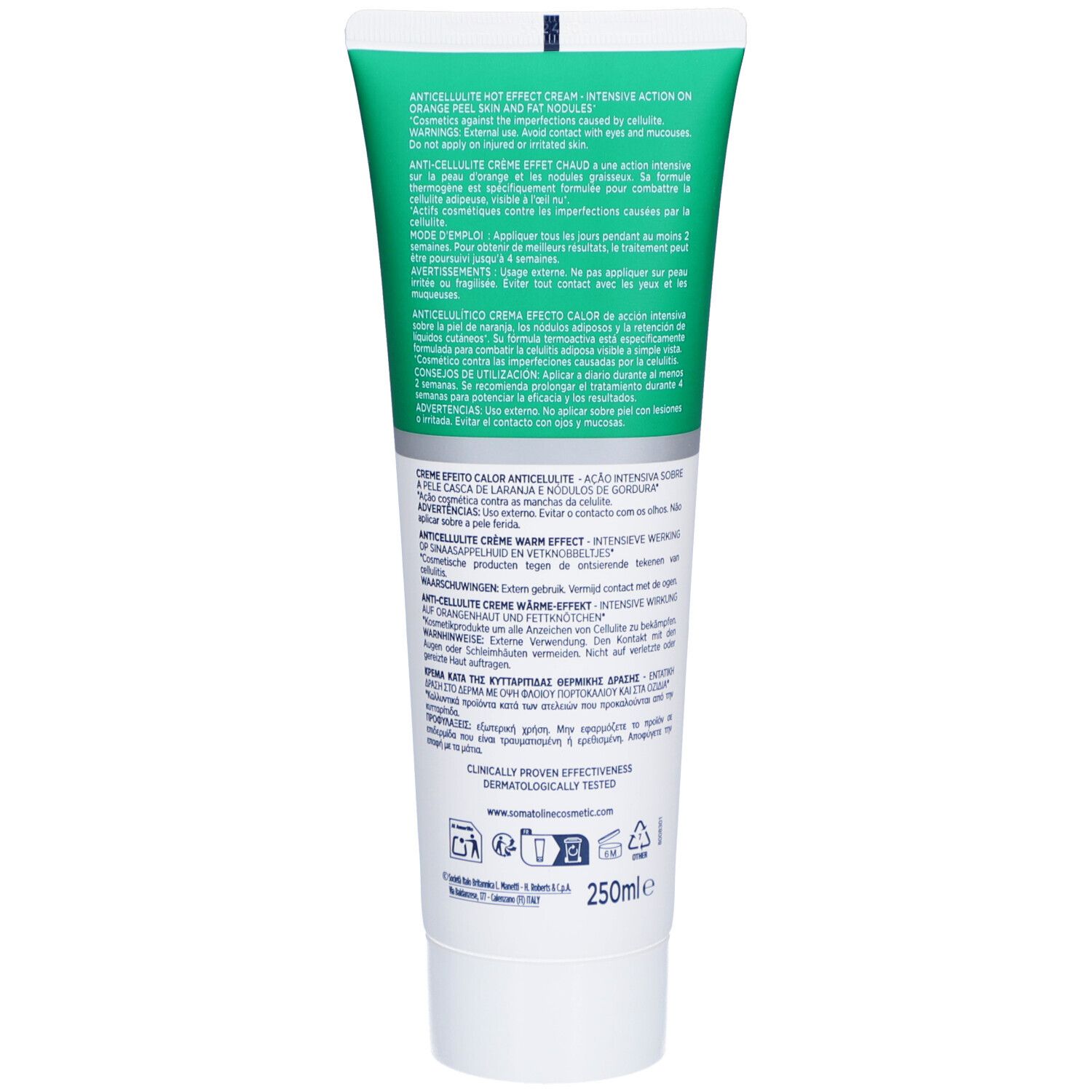 Rückseite der Creme-Tube. Text in mehreren Sprachen. Enthält Informationen zur Anwendung und Inhaltsstoffen.