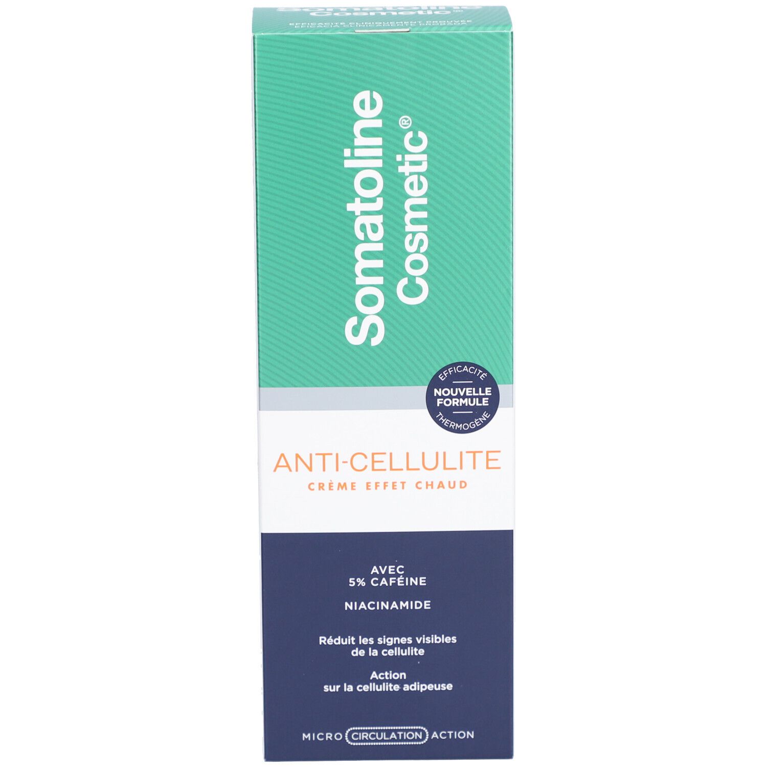 Produktverpackung. Aufschrift: Somatoline Cosmetic, Anti-Cellulite Crème, mit 5% Koffein und Niacinamid.
