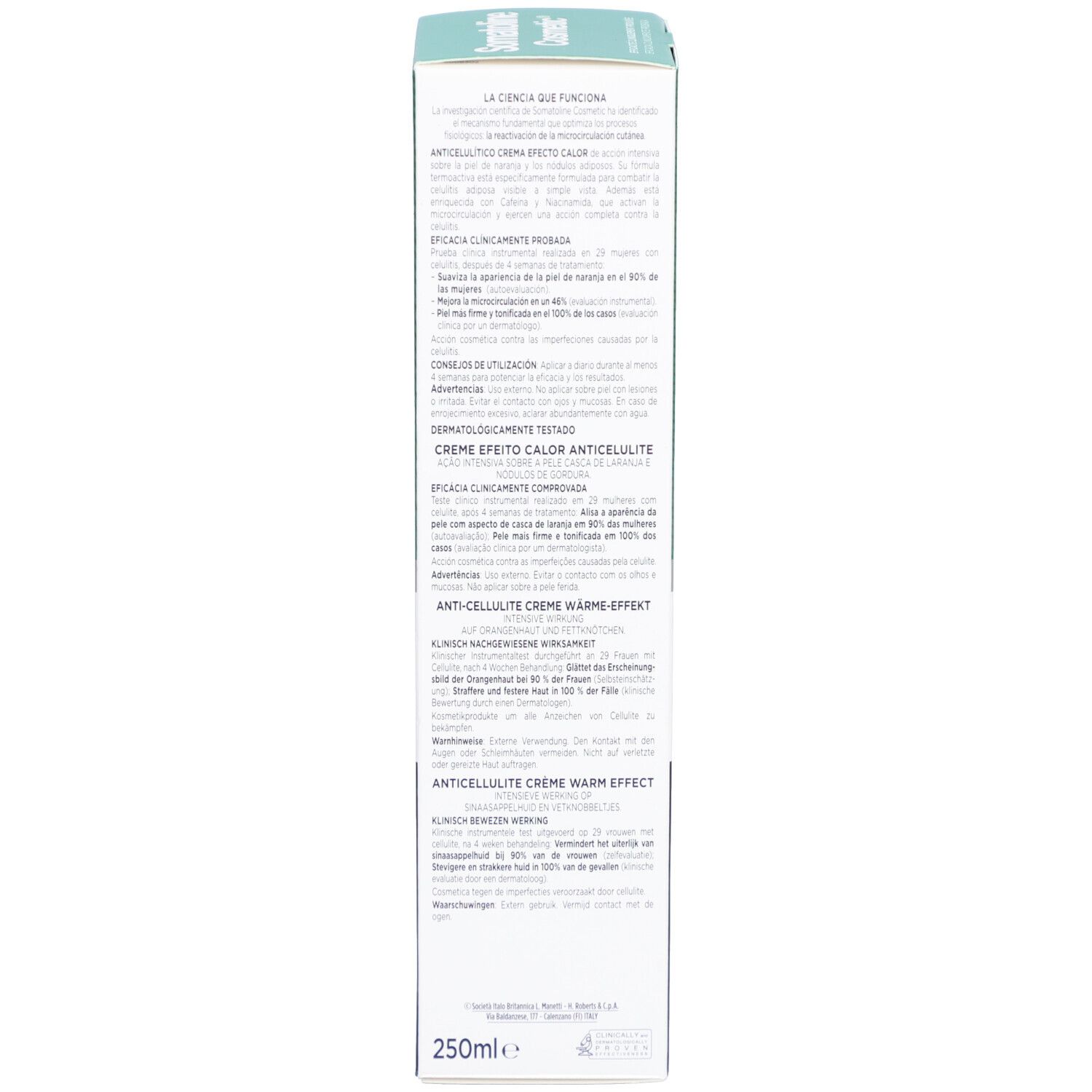 Rückseite der Produktverpackung. Text in mehreren Sprachen. Enthält Informationen zur Anwendung und Inhaltsstoffen.