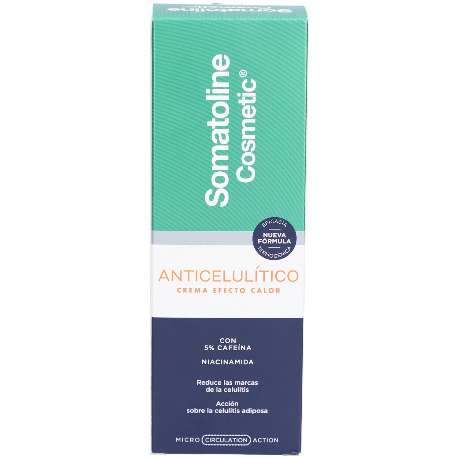 Produktverpackung. Aufschrift: Somatoline Cosmetic, Anticellulítico, Crema efecto calor, mit 5% Koffein und Niacinamid.