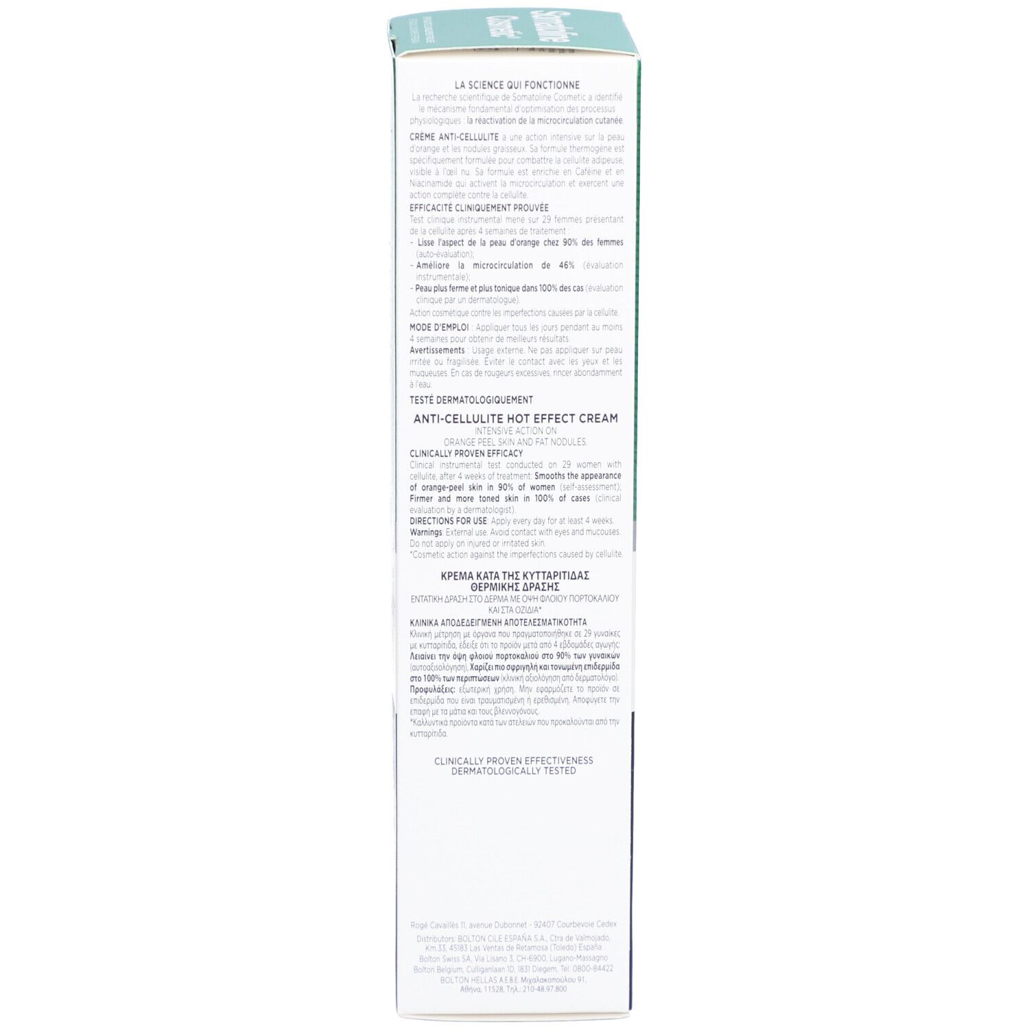 Rückseite der Produktverpackung. Text in mehreren Sprachen. Enthält Informationen zur Anwendung und Inhaltsstoffen.