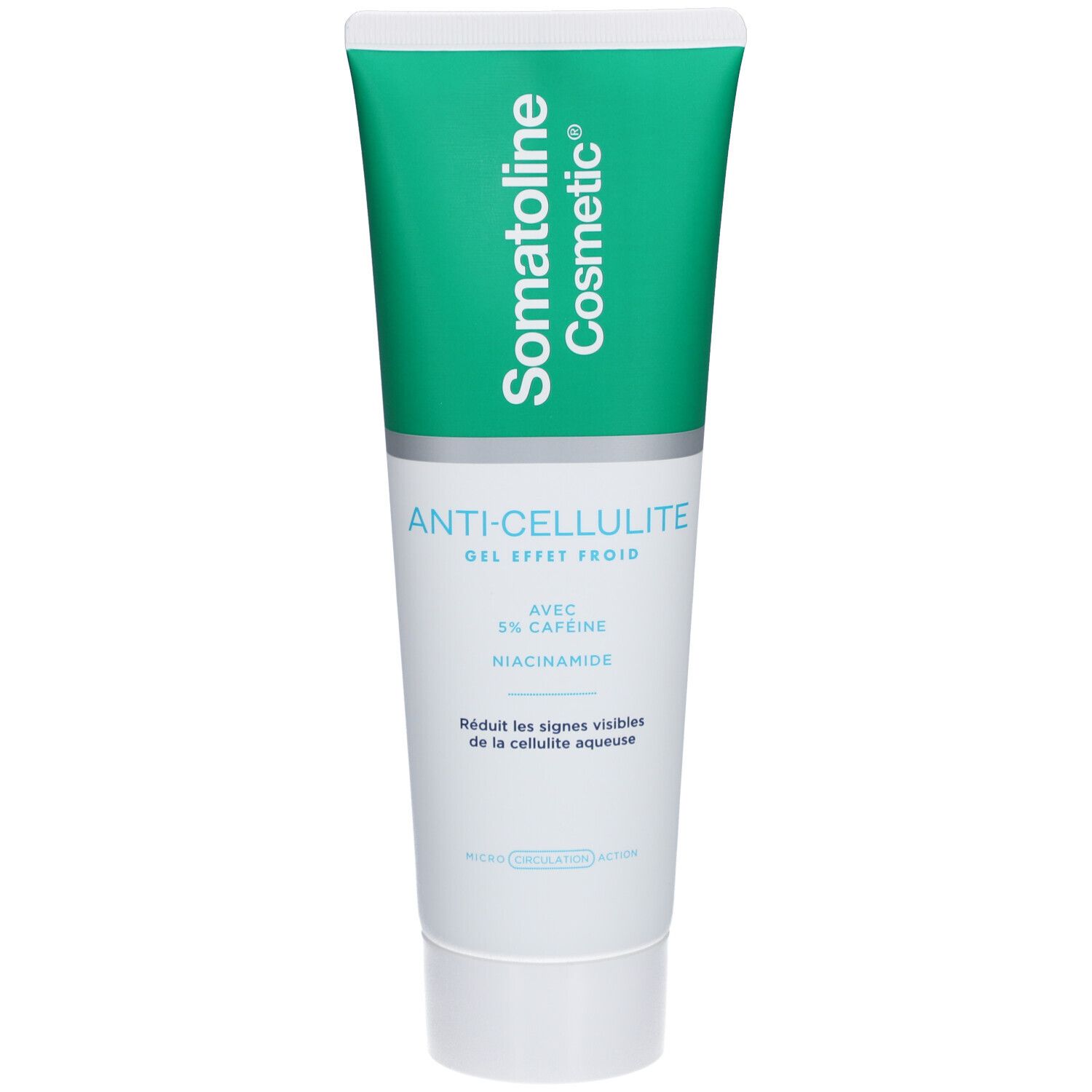 Tube verte avec bouchon blanc. Inscription: Somatoline Cosmetic, Anti-Cellulite Gel, avec 5% caféine et niacinamide.