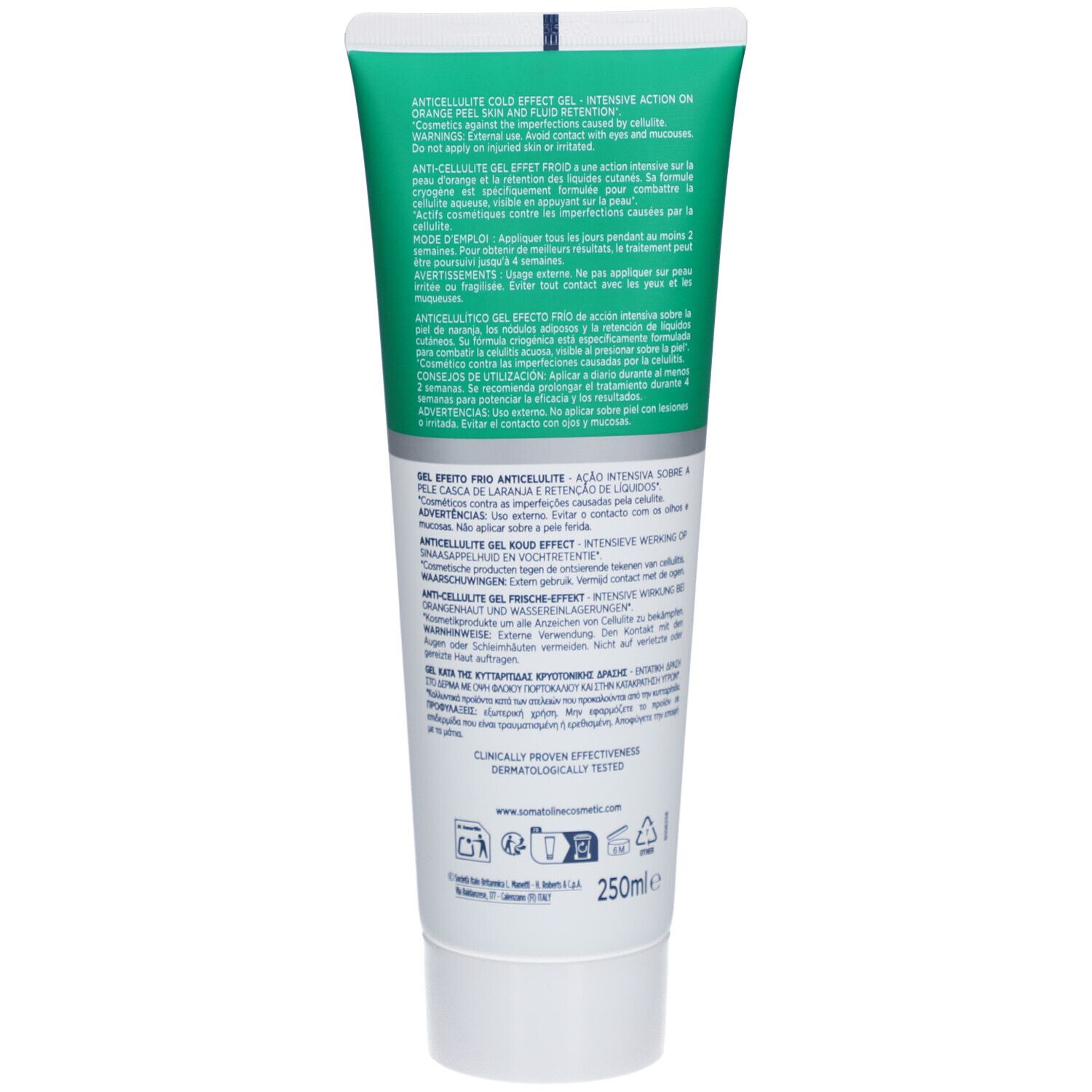 Dos du tube. Texte multilingue. Contient des informations sur l'utilisation et les ingrédients. 250ml.