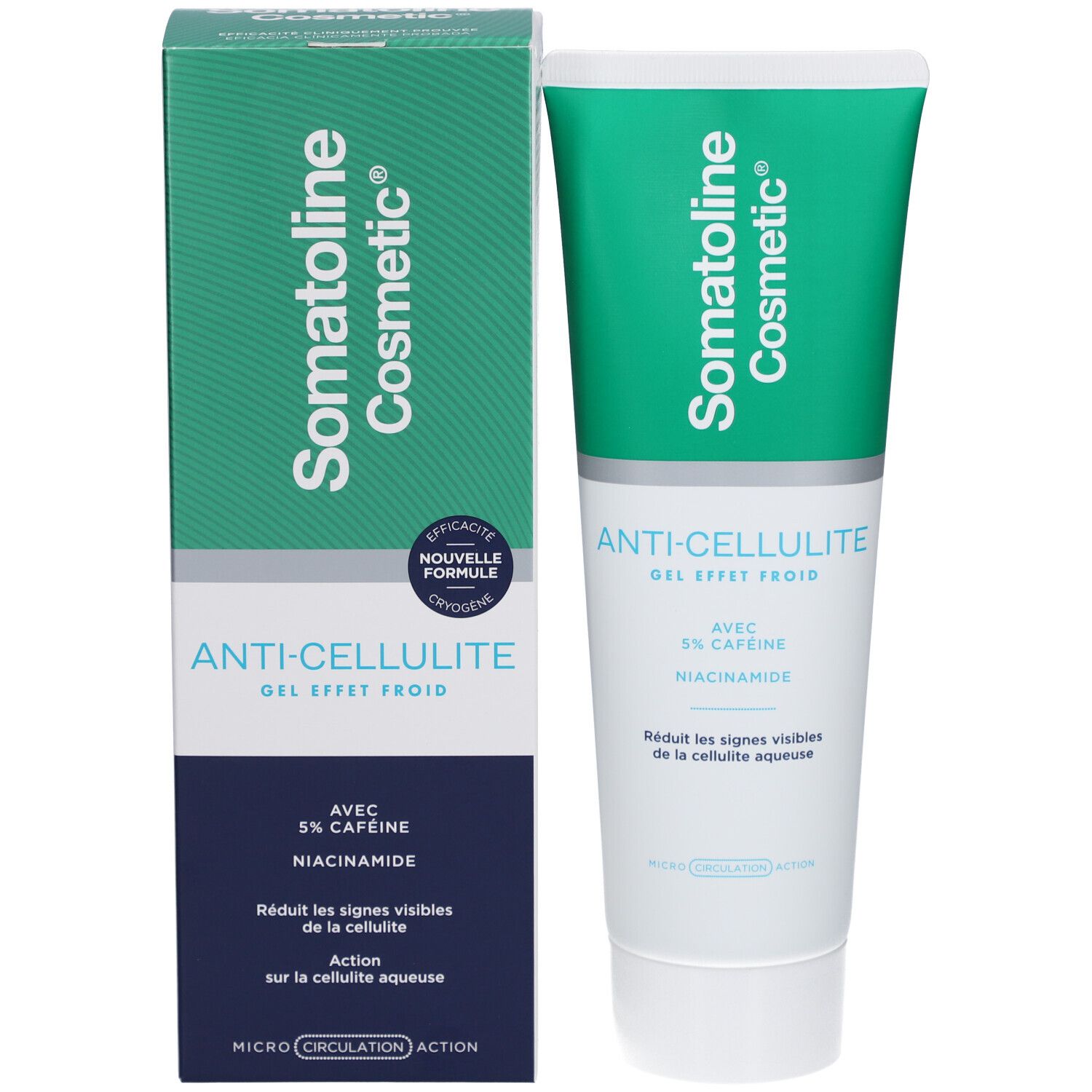 Emballage du produit. Tube et boîte. Inscription: Somatoline Cosmetic, Anti-Cellulite Gel, avec 5% caféine et niacinamide.