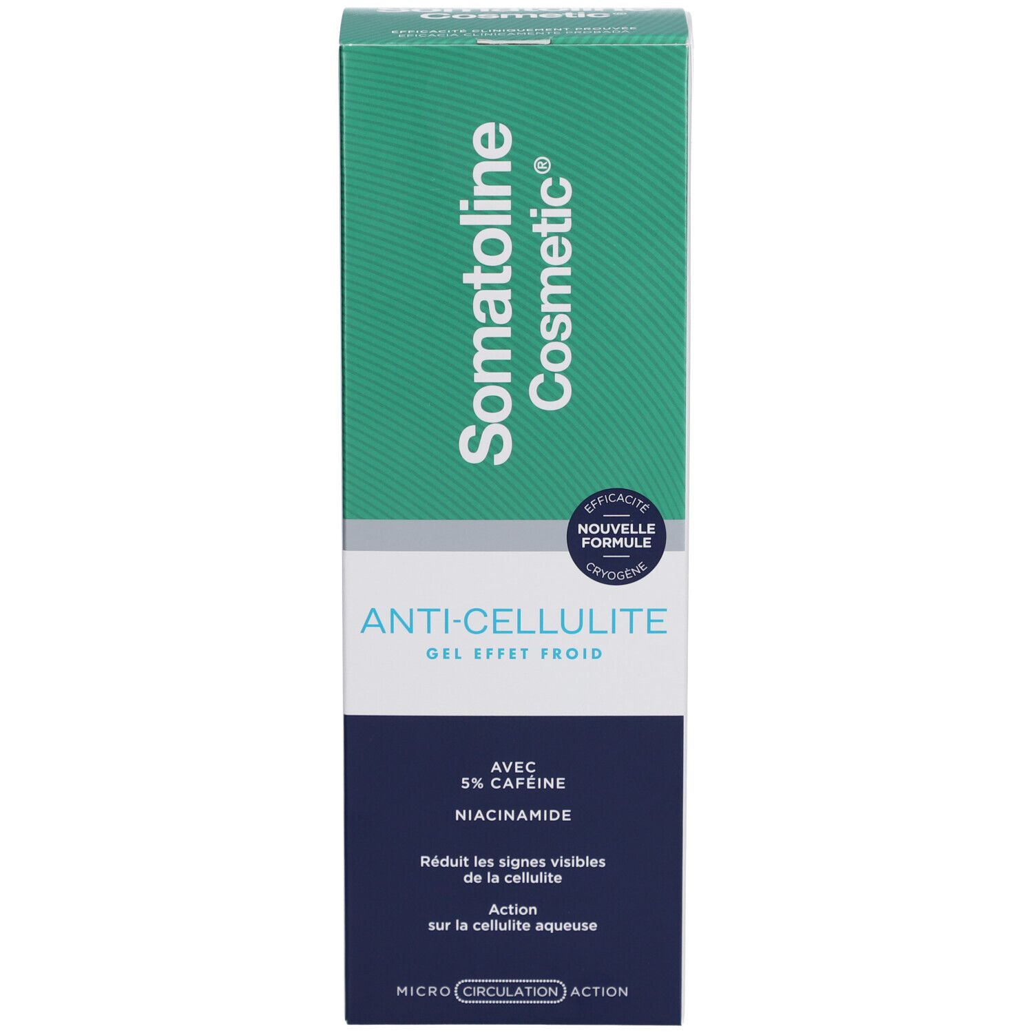 Boîte. Inscription: Somatoline Cosmetic, Anti-Cellulite Gel, avec 5% caféine et niacinamide. Contient des informations sur le produit.