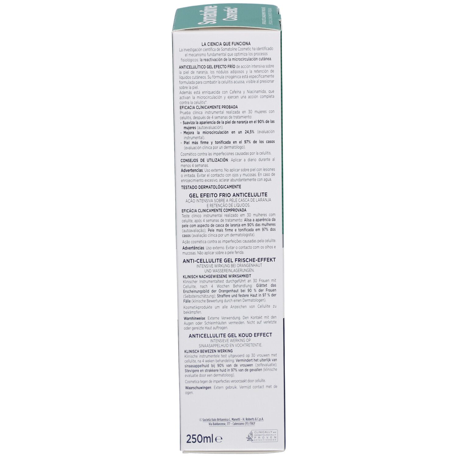 Dos de la boîte. Texte multilingue. Contient des informations sur l'utilisation et les ingrédients. 250ml.