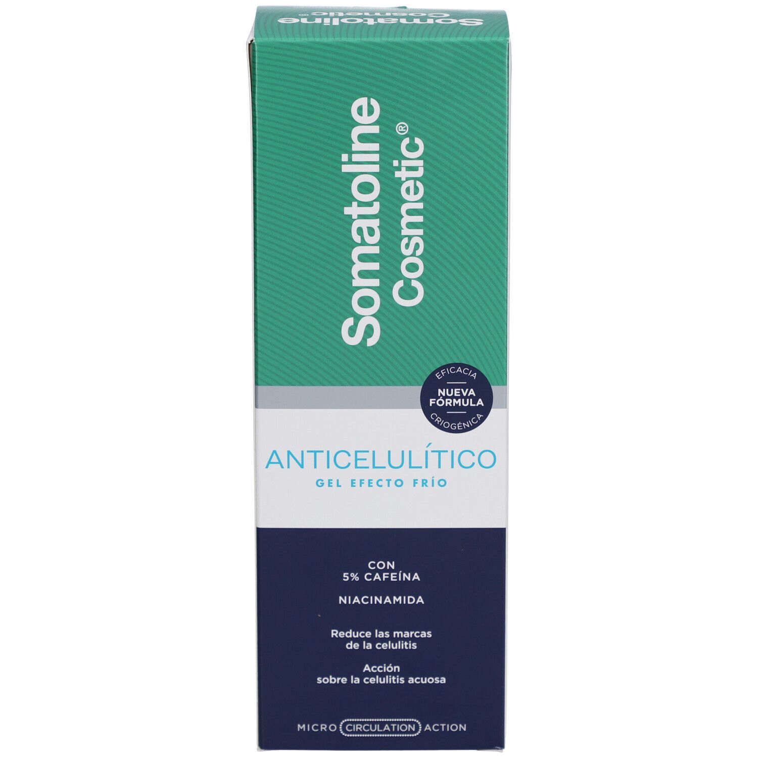 Boîte. Inscription: Somatoline Cosmetic, Anti-Cellulite Gel, avec 5% caféine et niacinamide. Contient des informations sur le produit.