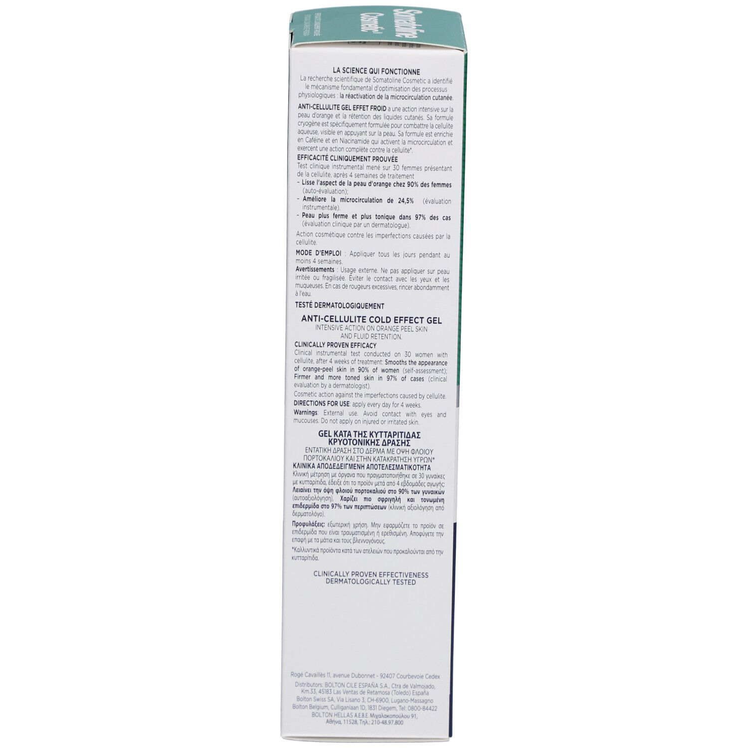 Dos de la boîte. Texte multilingue. Contient des informations sur l'utilisation et les ingrédients. 250ml.