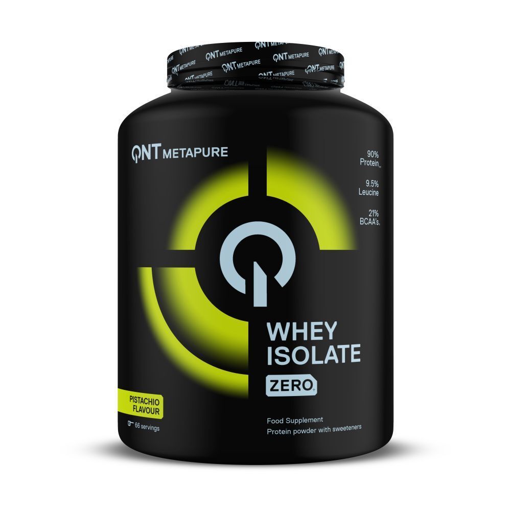 Boîte noire QNT Metapure. Inscription Whey Isolate Zero, goût pistache. 90% protéines, 9,5% leucine, 2% BCAA.