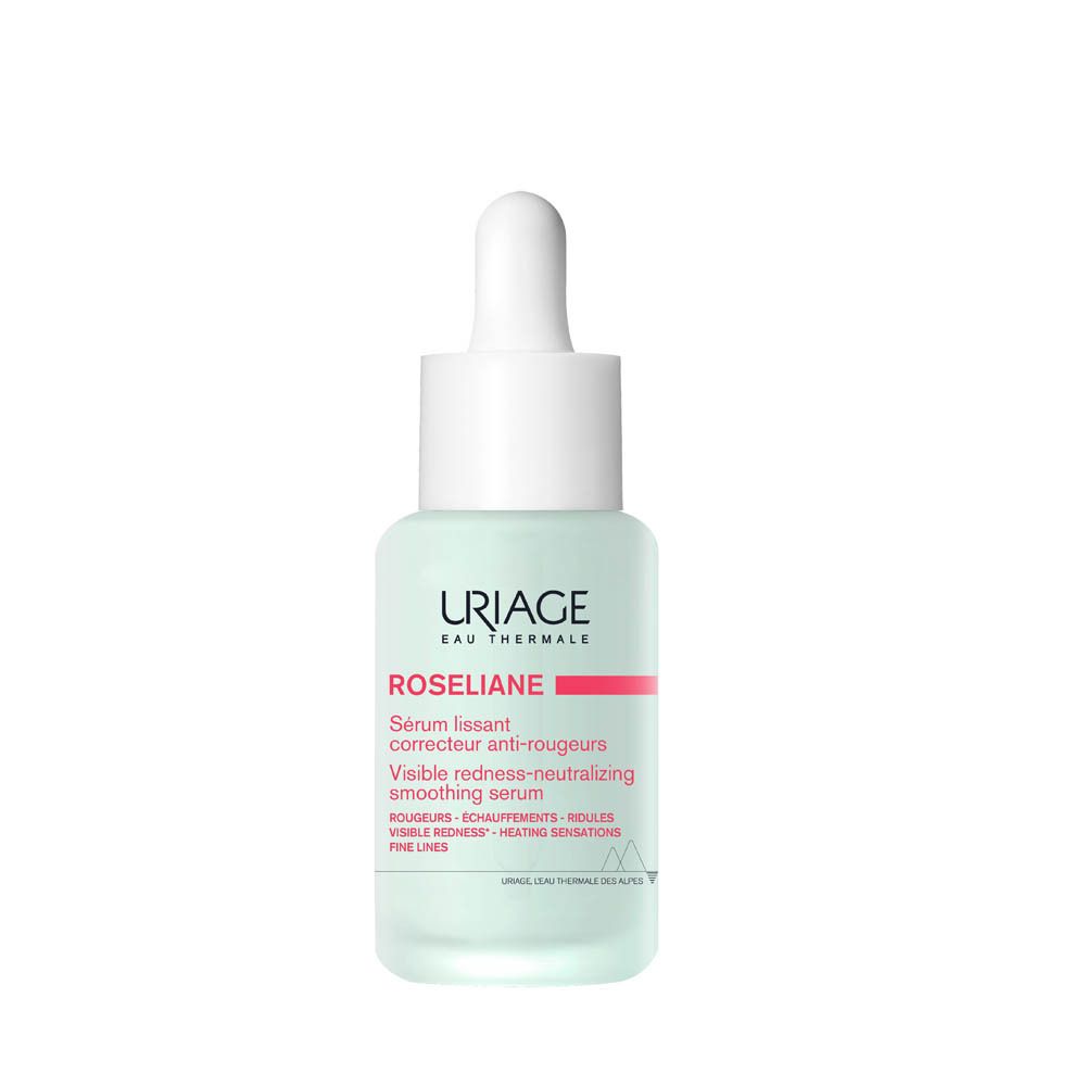 Sérum Uriage Roséliane. Flacon vert avec pipette. Nom du produit et logo visibles.