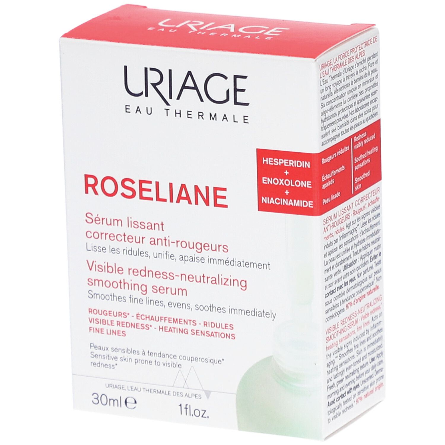 Sérum Uriage Roséliane. Boîte blanche et rouge. Nom du produit et ingrédients visibles.