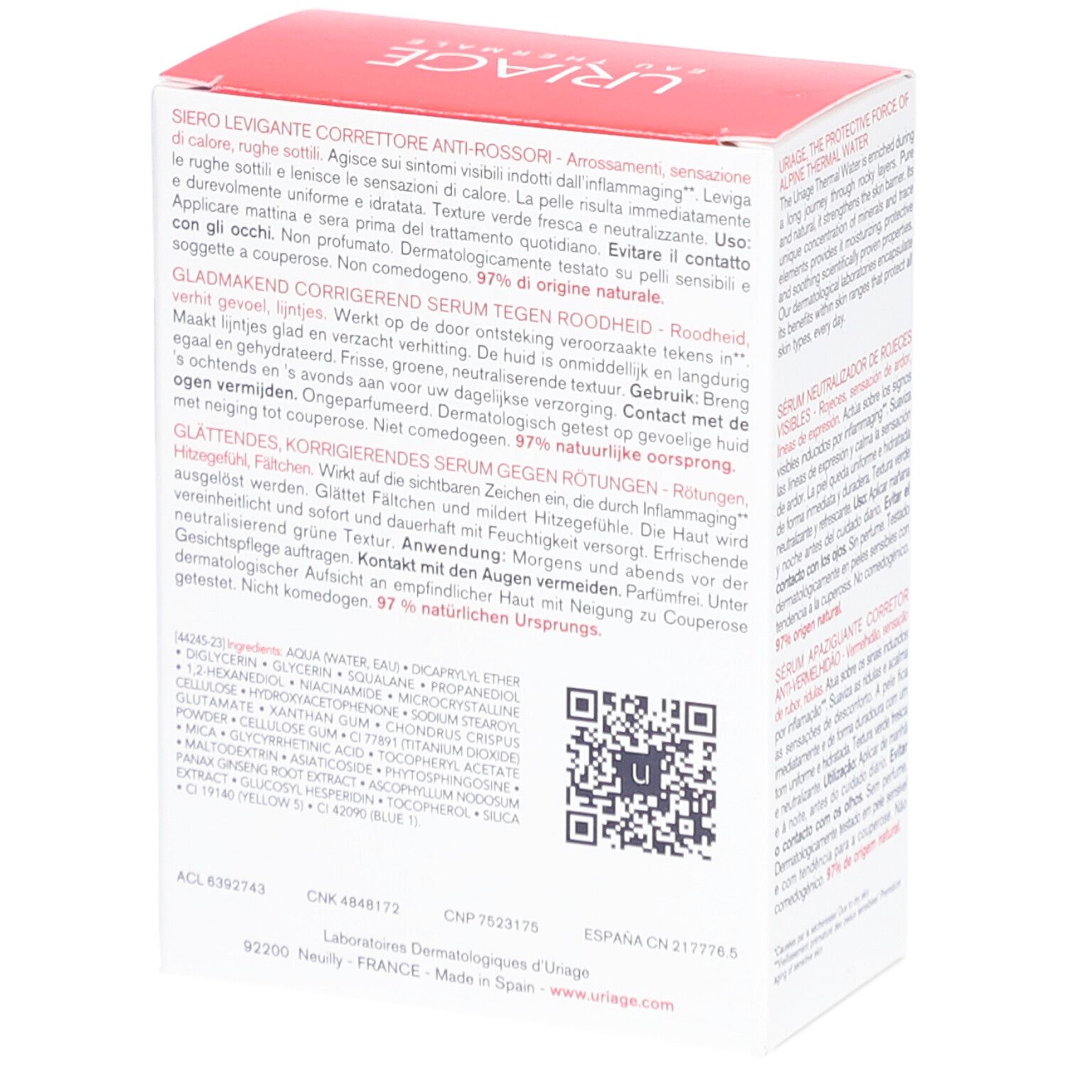 Sérum Uriage Roséliane. Arrière de la boîte blanche avec texte et code QR.