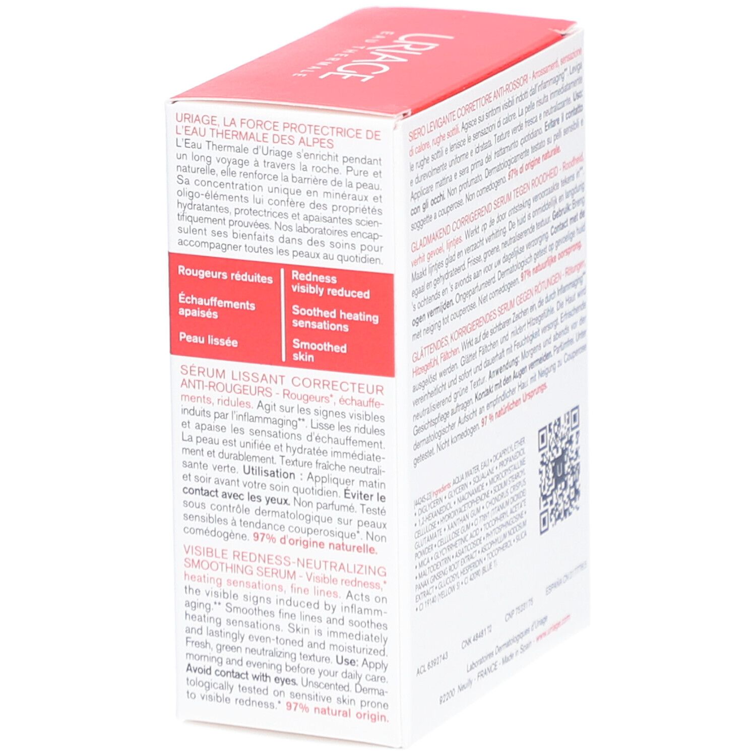 Sérum Uriage Roséliane. Boîte blanche avec informations et texte sur le produit.