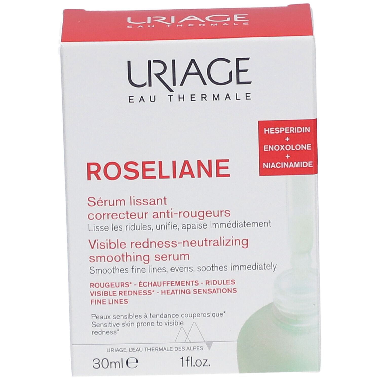 Sérum Uriage Roséliane. Boîte blanche et rouge. Nom du produit et ingrédients visibles.