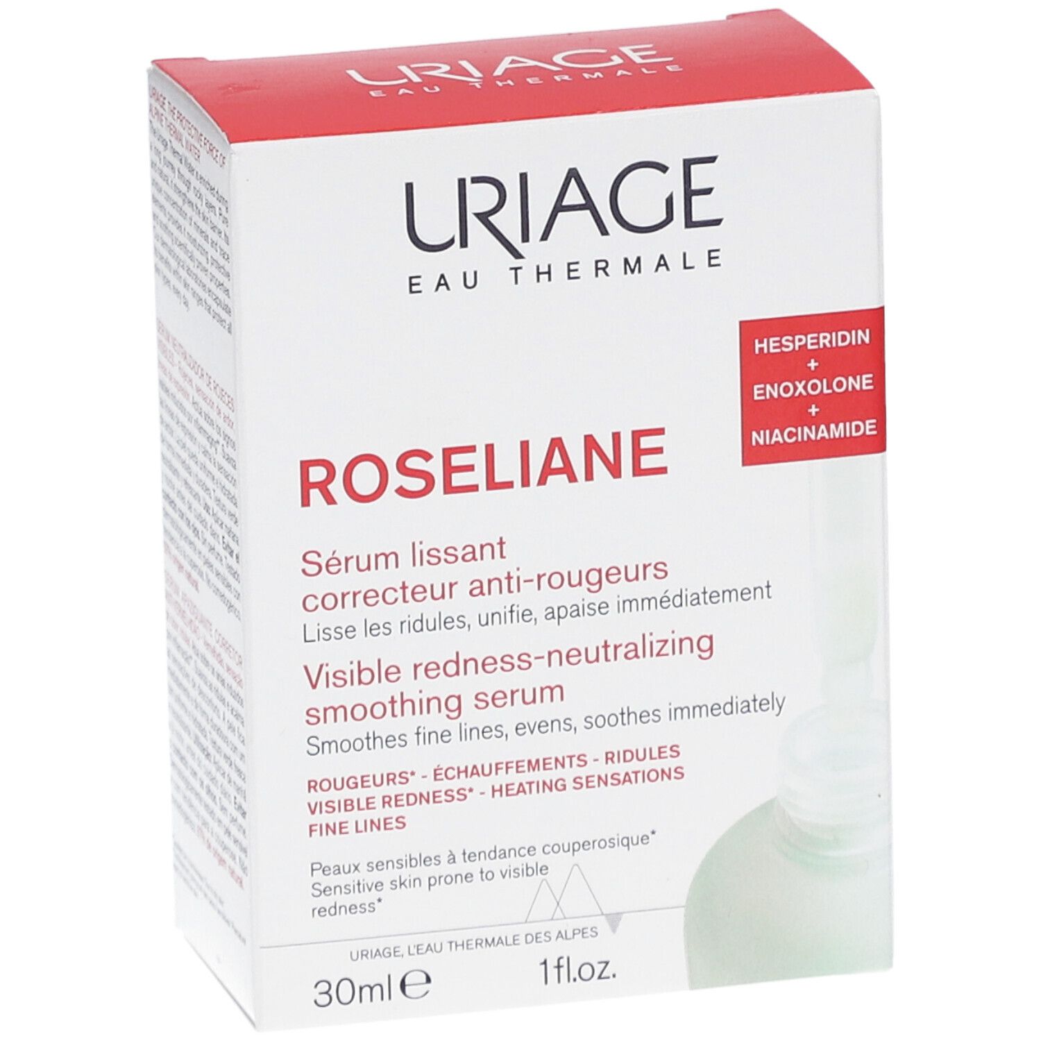 Sérum Uriage Roséliane. Boîte blanche et rouge. Nom du produit et ingrédients visibles.