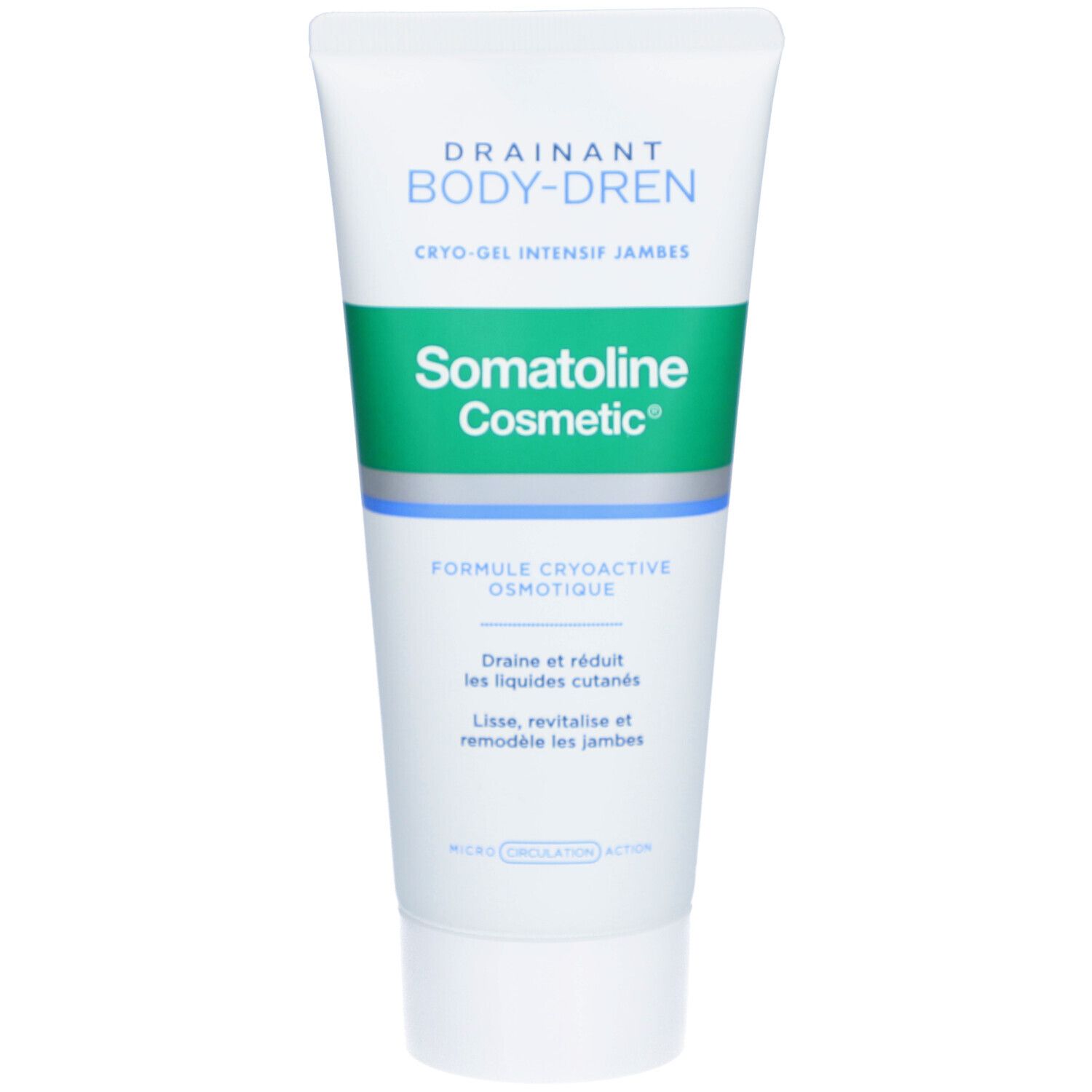 Tube blanc et bleu avec bande verte. Inscription: DRAINANT BODY-DREN, Somatoline Cosmetic. Cryo-Gel Intensif Jambes.