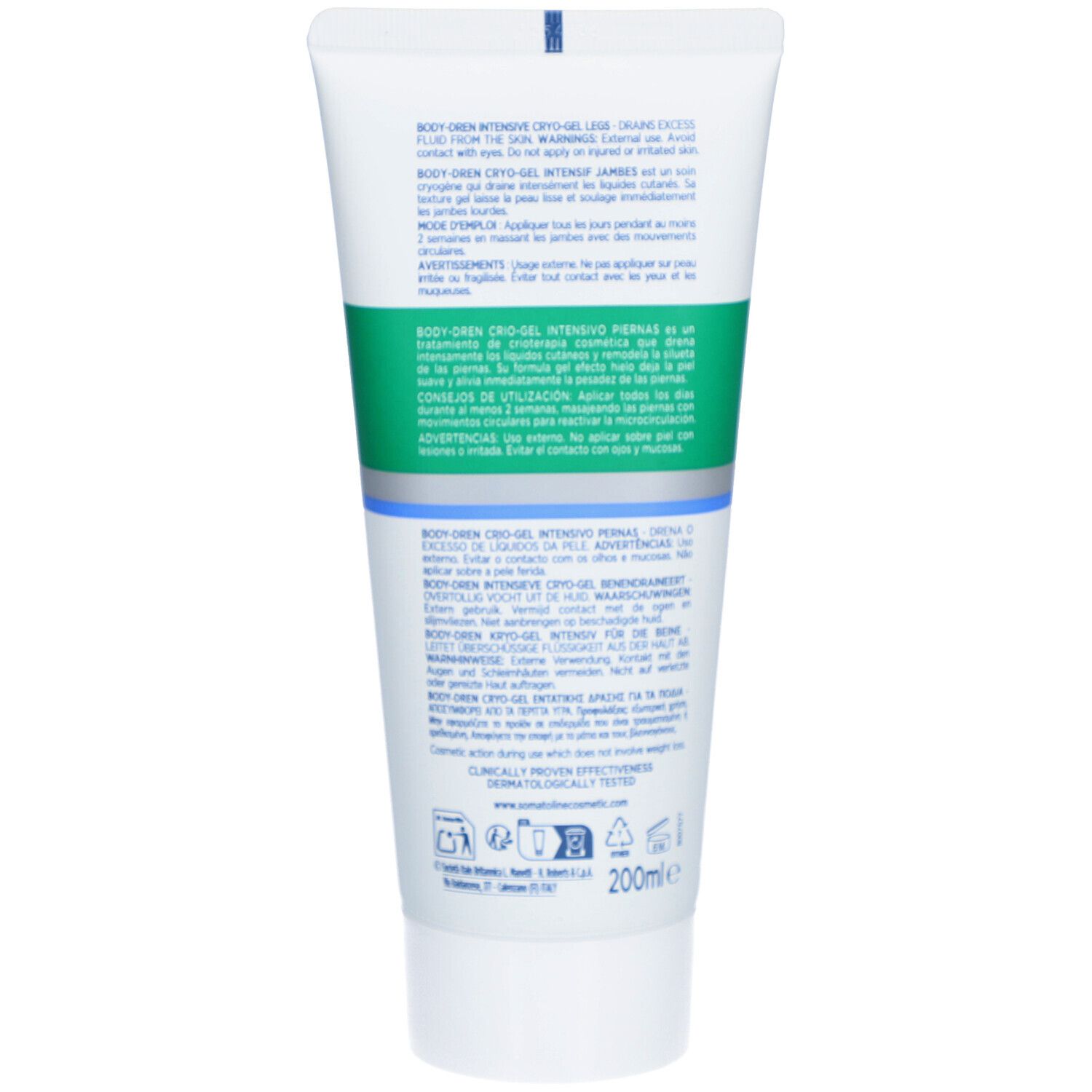 Dos d'un tube blanc. Texte en plusieurs langues. Inscription: BODY-DREN Cryo-Gel Intensif Jambes. 200ml.