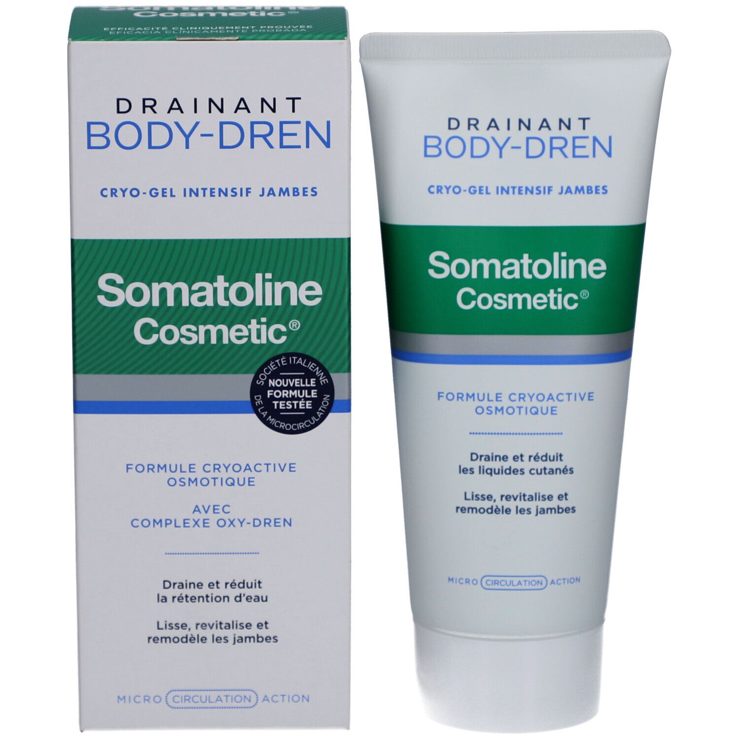 Emballage du produit avec tube et boîte. Inscription: DRAINANT BODY-DREN, Somatoline Cosmetic. Cryo-Gel Intensif Jambes.