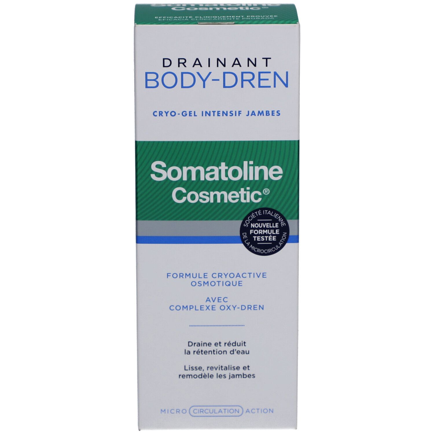 Boîte blanche avec des accents verts et bleus. Inscription: DRAINANT BODY-DREN, Somatoline Cosmetic. Cryo-Gel Intensif Jambes.