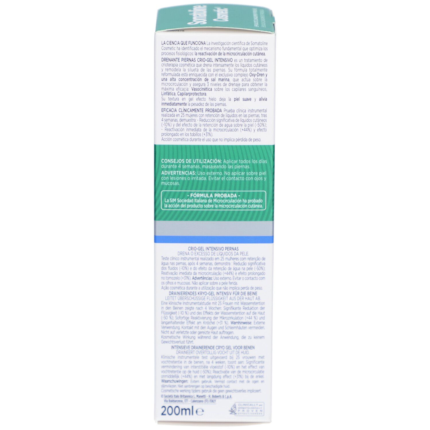Dos de l'emballage du produit. Texte en plusieurs langues. Inscription: DRENANTE PIERNAS, 200ml.