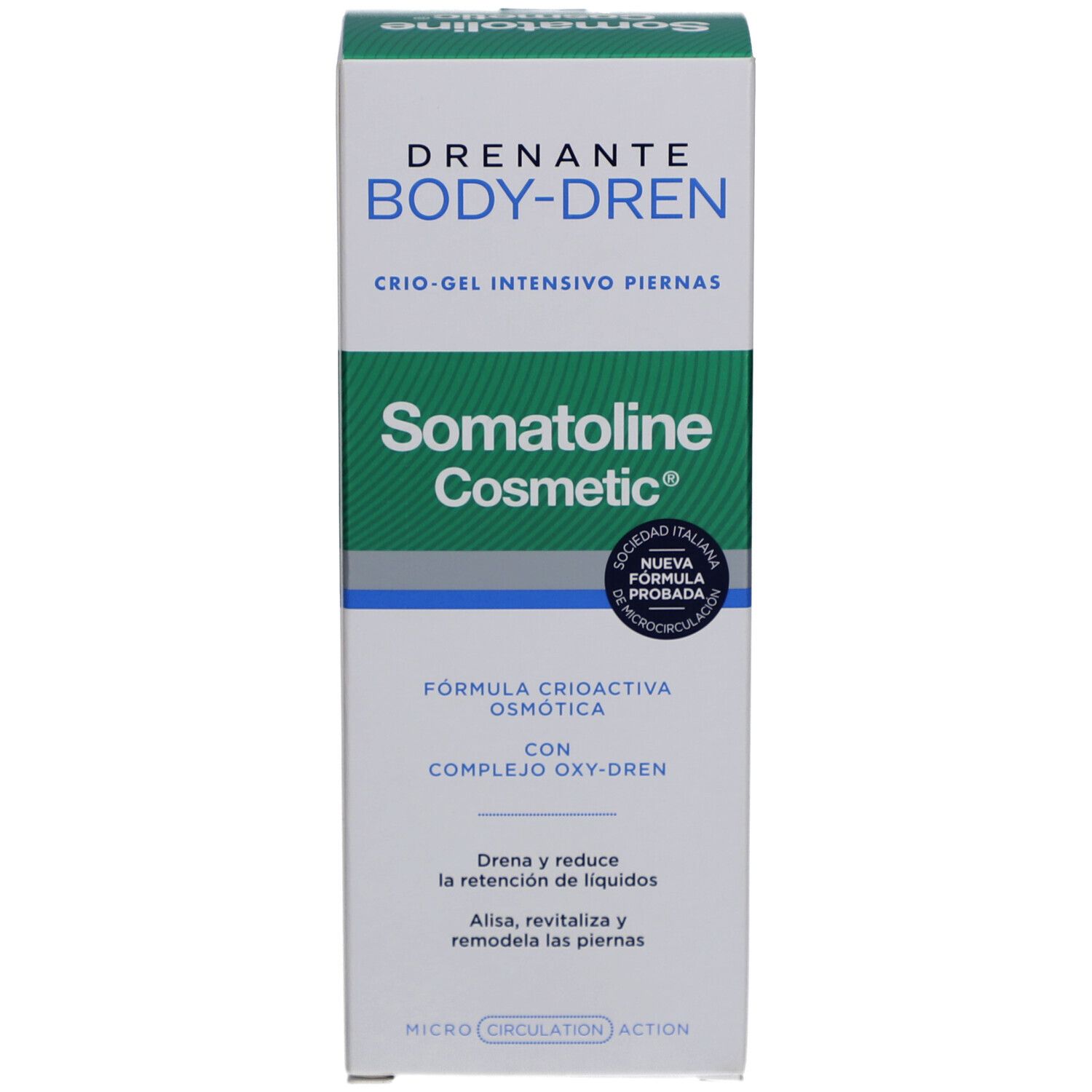 Boîte blanche avec des accents verts et bleus. Inscription: DRENANTE BODY-DREN, Somatoline Cosmetic. Cryo-Gel Intensif Piernas.
