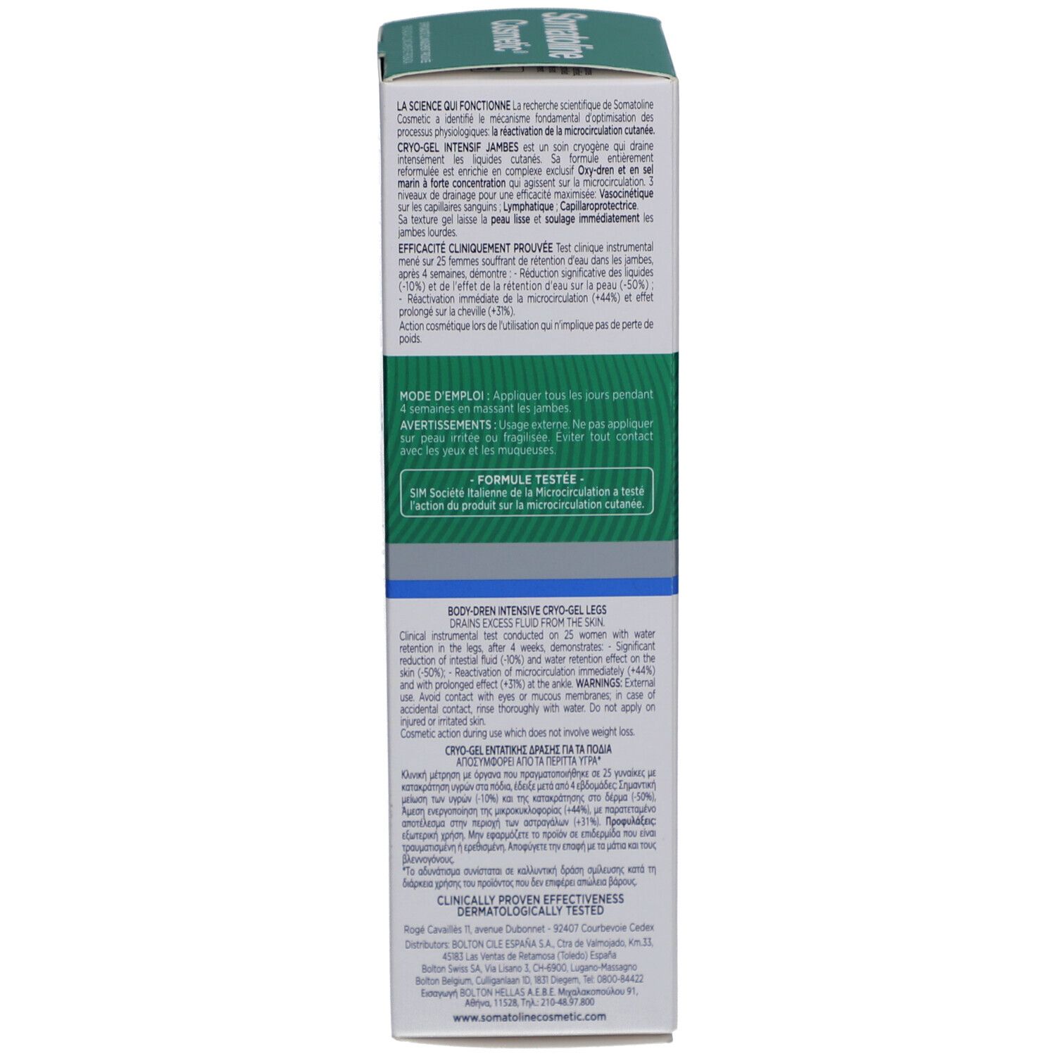 Dos de l'emballage du produit. Texte en plusieurs langues. Inscription: DRENANTE PIERNAS, 200ml.