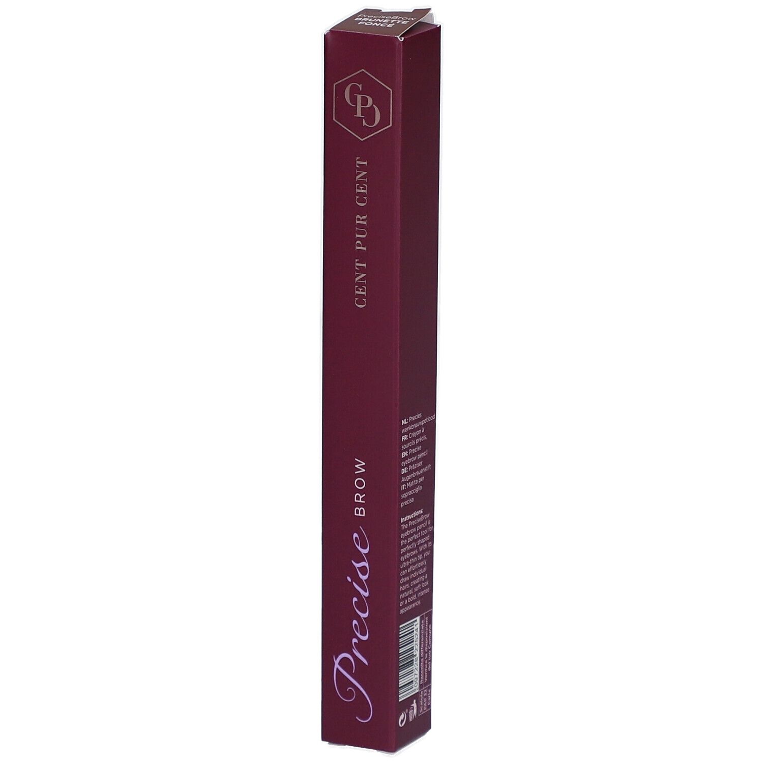 Emballage long et fin, bordeaux. Inscription: Precise Brow, Cent Pur Cent. Logo: GPD.